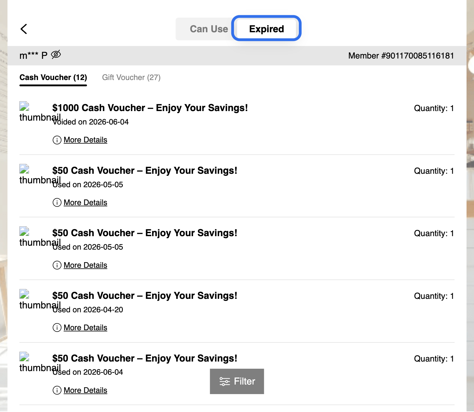 Click the Expired tab to view expired vouchers by voucher type