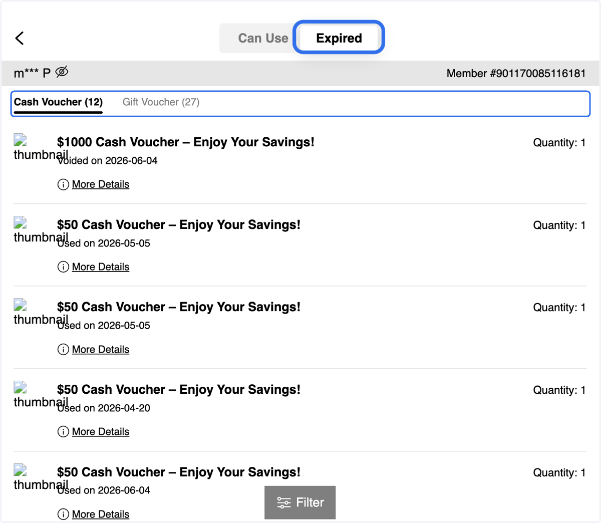 Click the Expired tab to view expired vouchers by voucher type