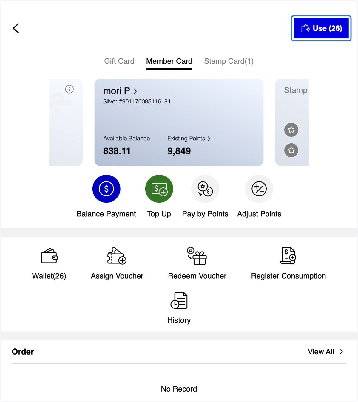 After selecting the Member ID, you will be directed to the Member Profile Overview page. Click "Use" icon