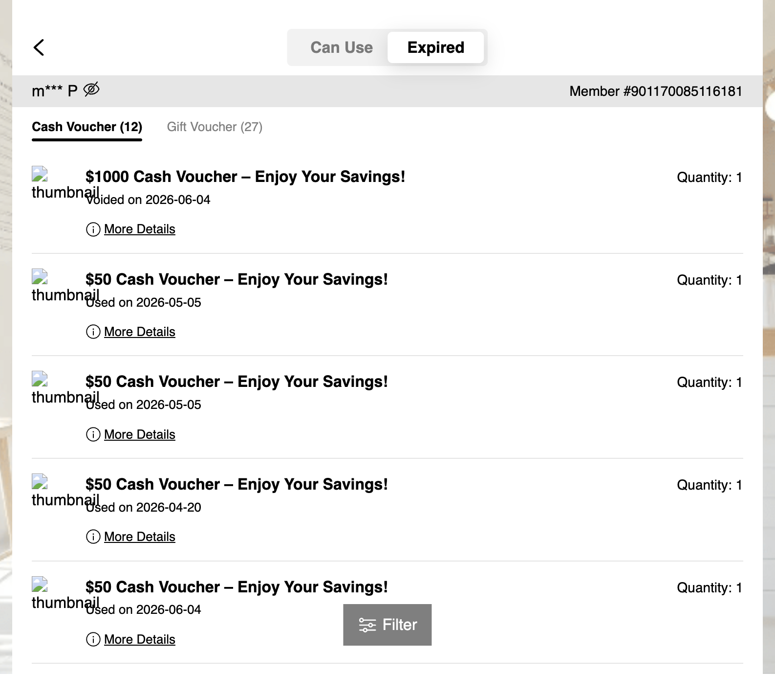 Use the filter function to view used, expired, or voided vouchers