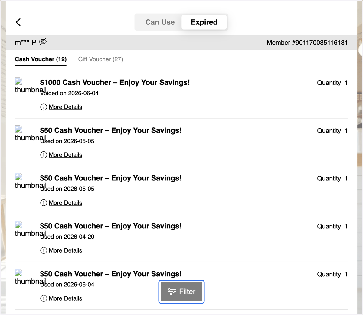 Use the filter function to view used, expired, or voided vouchers