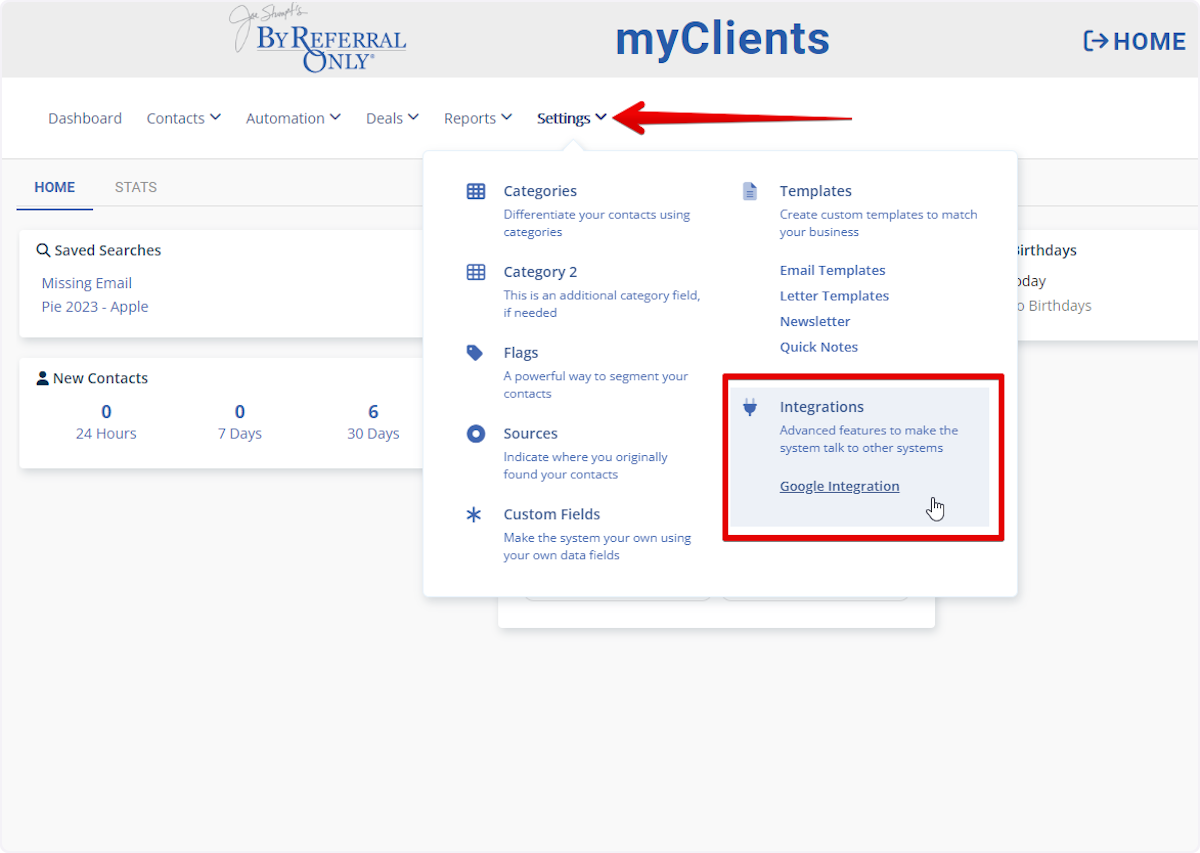 From the myClients homepage:
Go to Settings > Google Integration