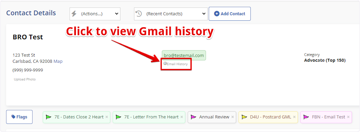 Now, head over to a contact record. Underneath the email address you will see a 'Email History' button. Clicking this will open your Gmail account.