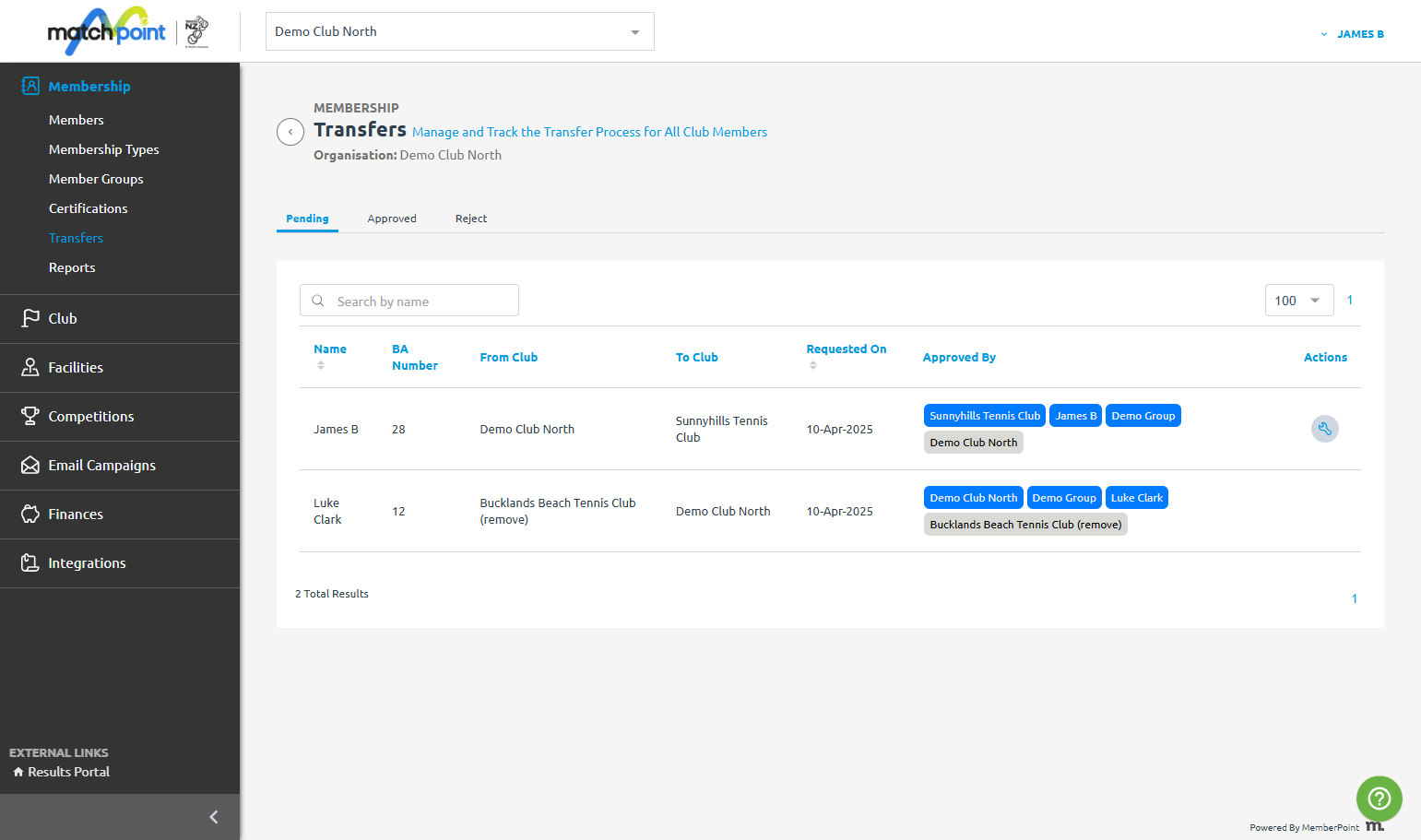 Identify your transfers requiring any actions by looking for the "spanner" button