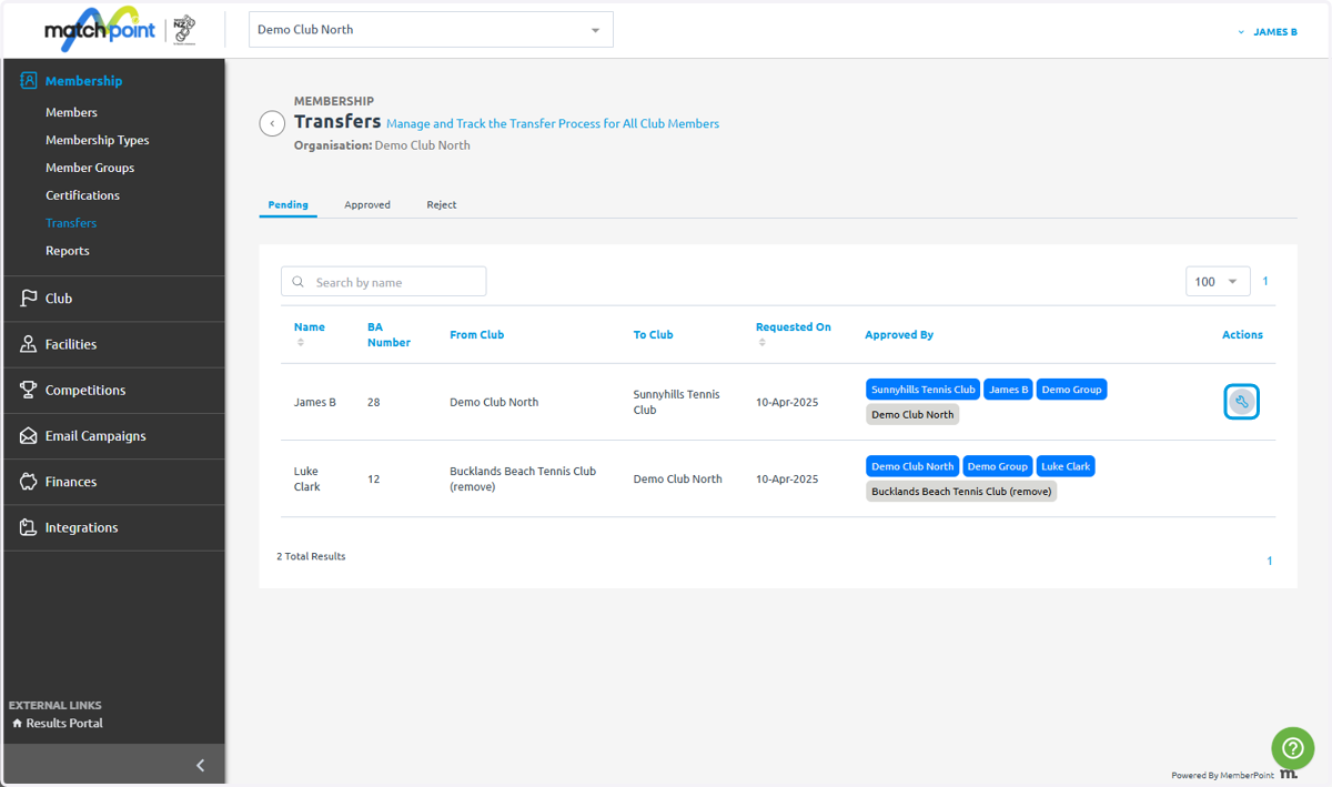 Identify your transfers requiring any actions by looking for the "spanner" button