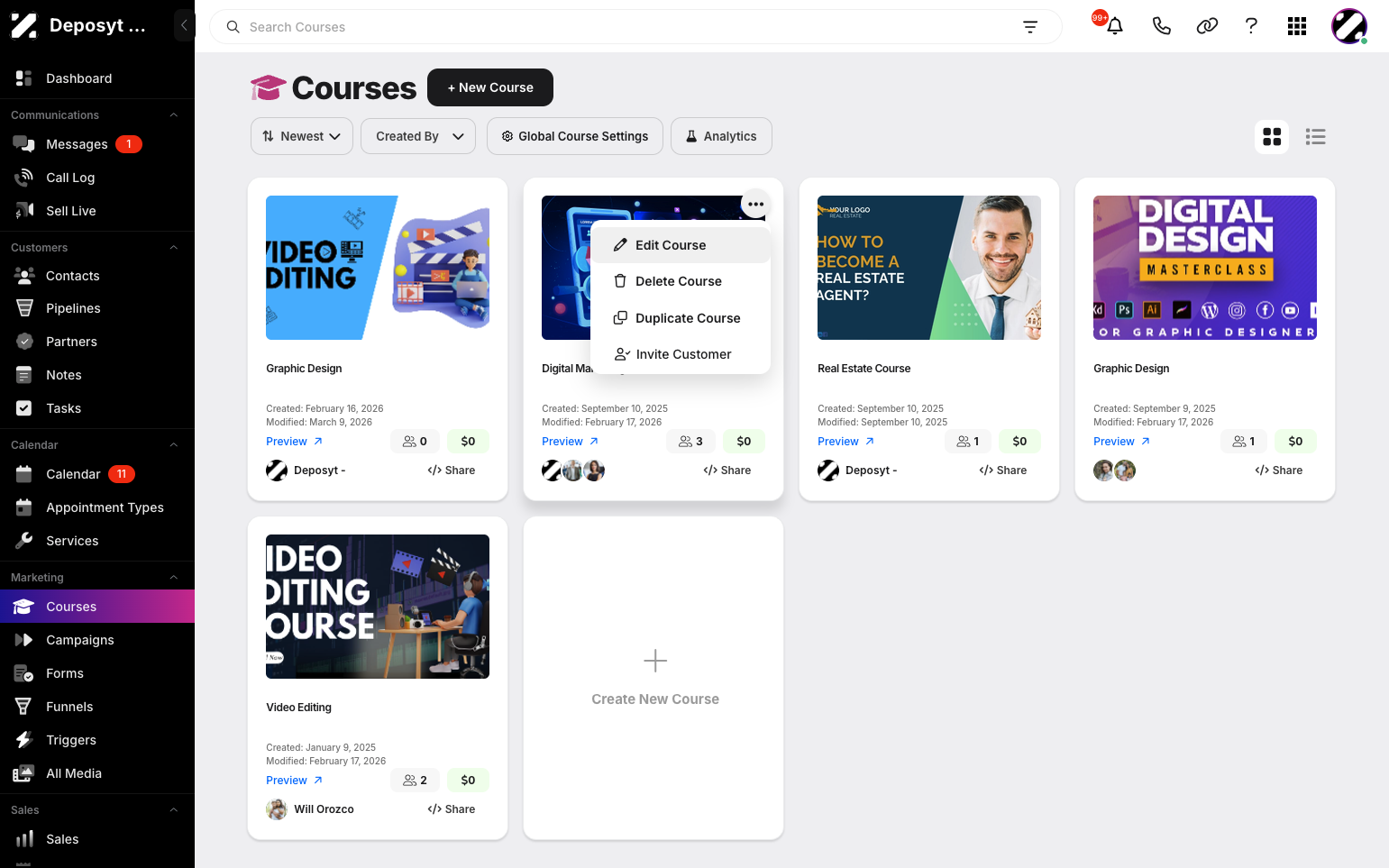 Step 2: Select a course, then click the three-dot menu. A pop-up menu will appear—click Edit Course.