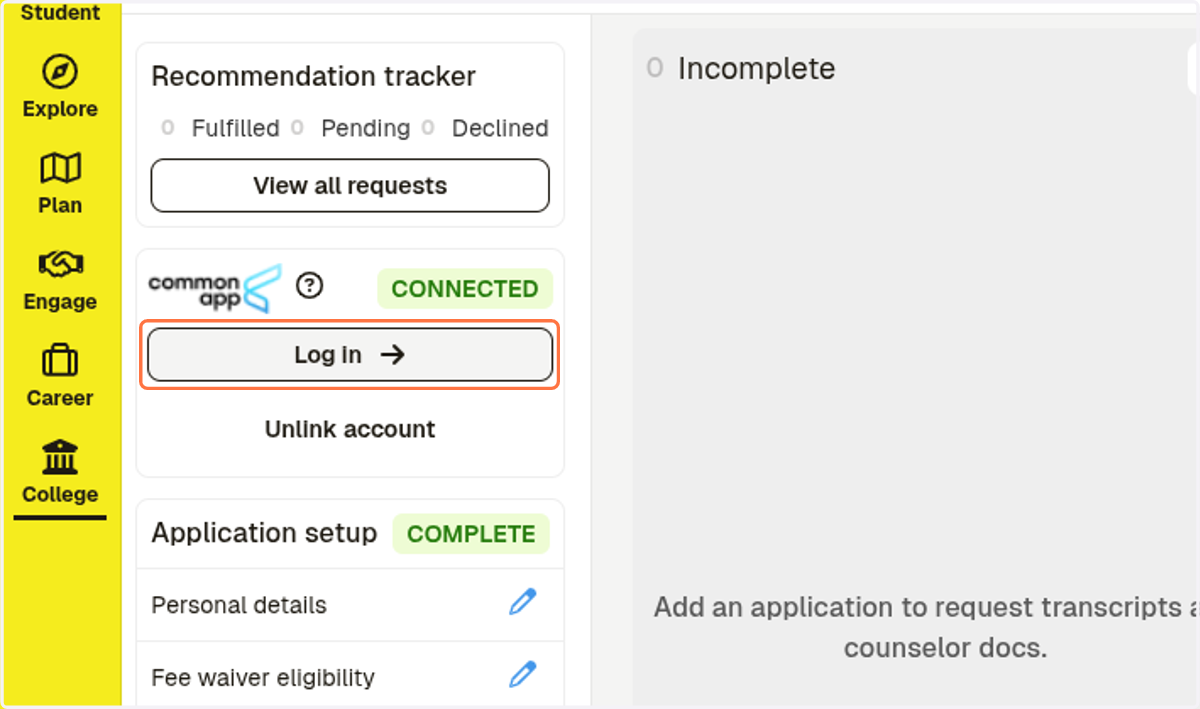 Log into your common app account