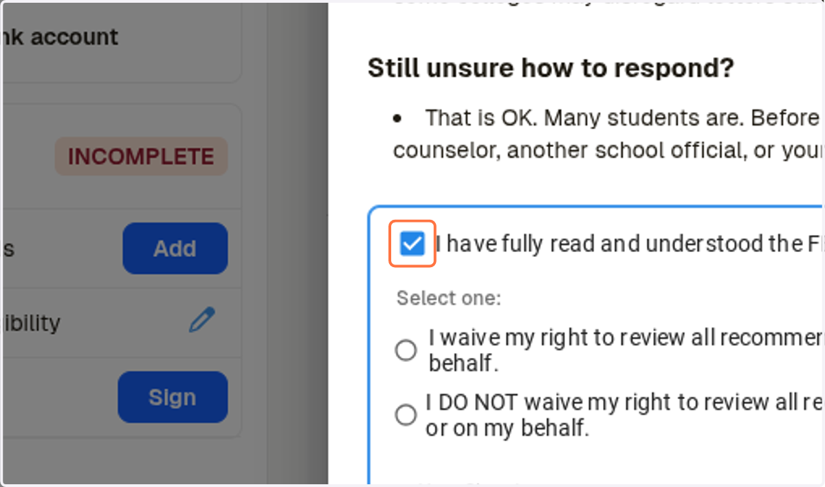 Check I have fully read and understood the FERPA Release Authorization explanation above.