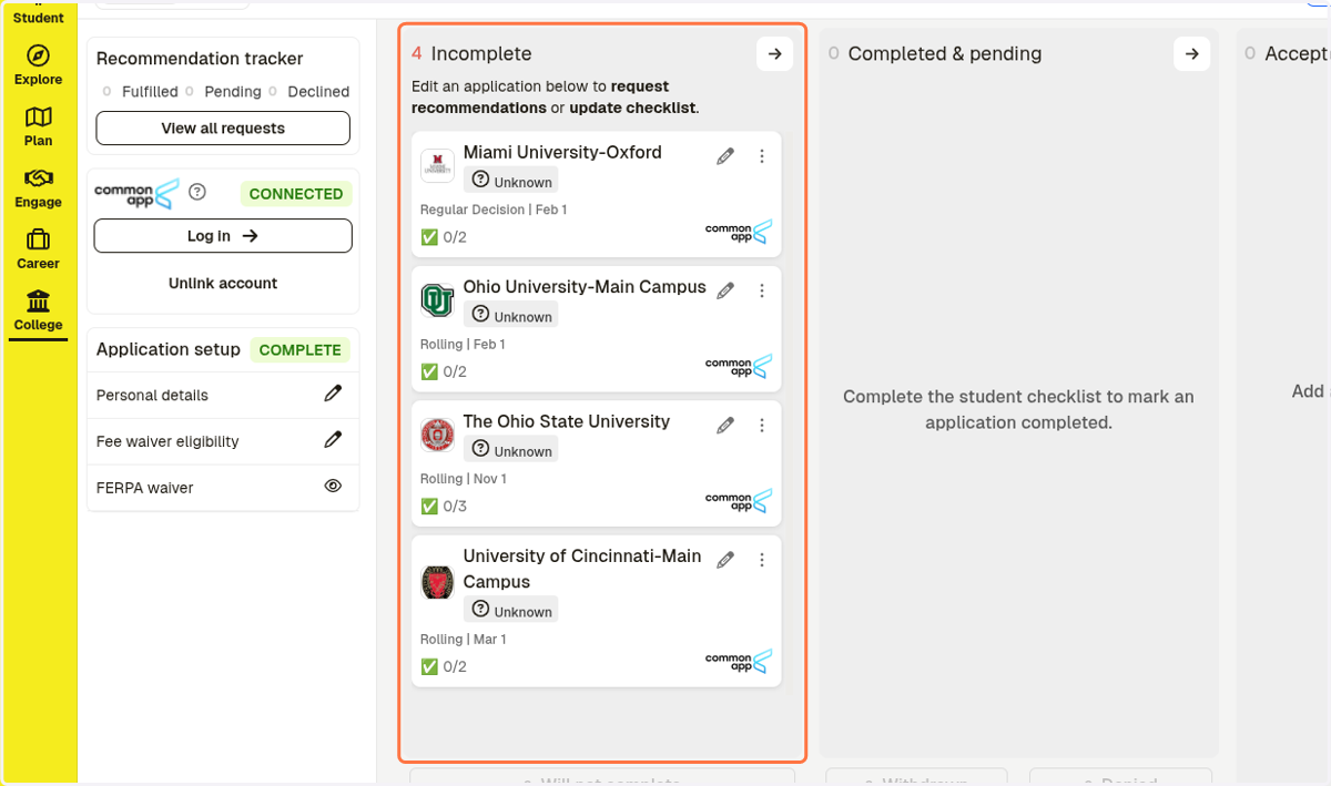 All of your colleges in Common App will show in your Schoolinks account