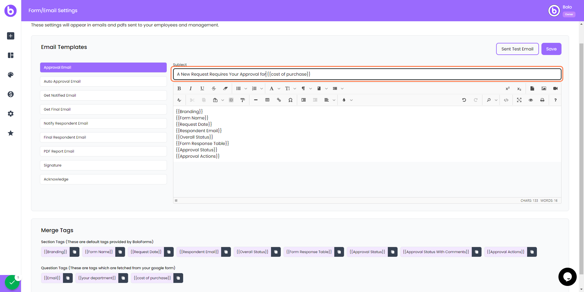 Customise Email Notification Templates - BoloForms Approvals