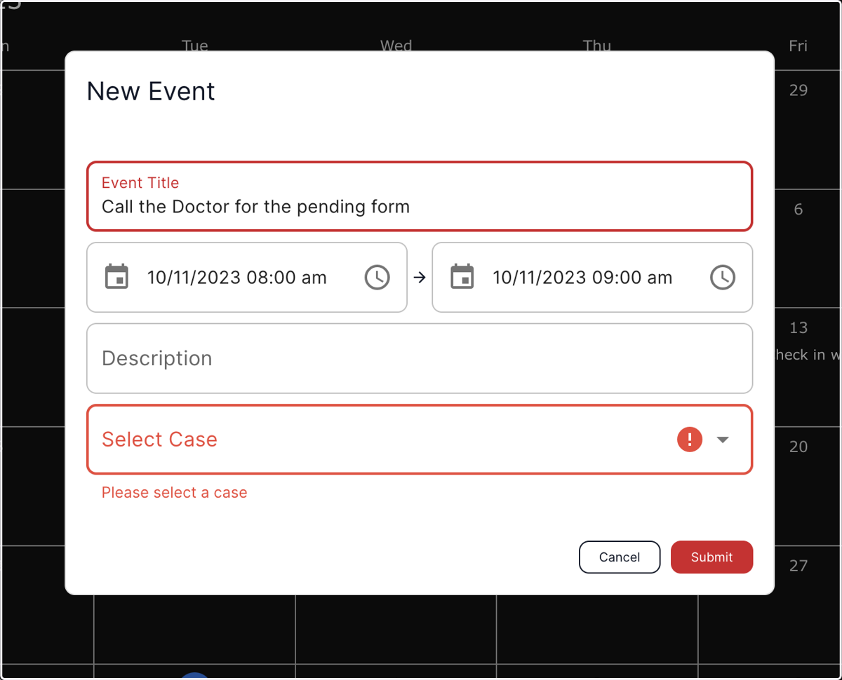 Add the reminder in the event title and click on "select case" dropdown menu