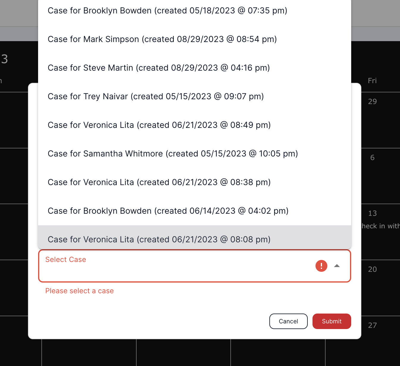 Select the appropriate case where the reminder needs to be added and hit submit