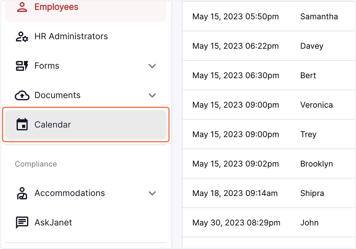 Click on the Calendar Tab in the left Panel