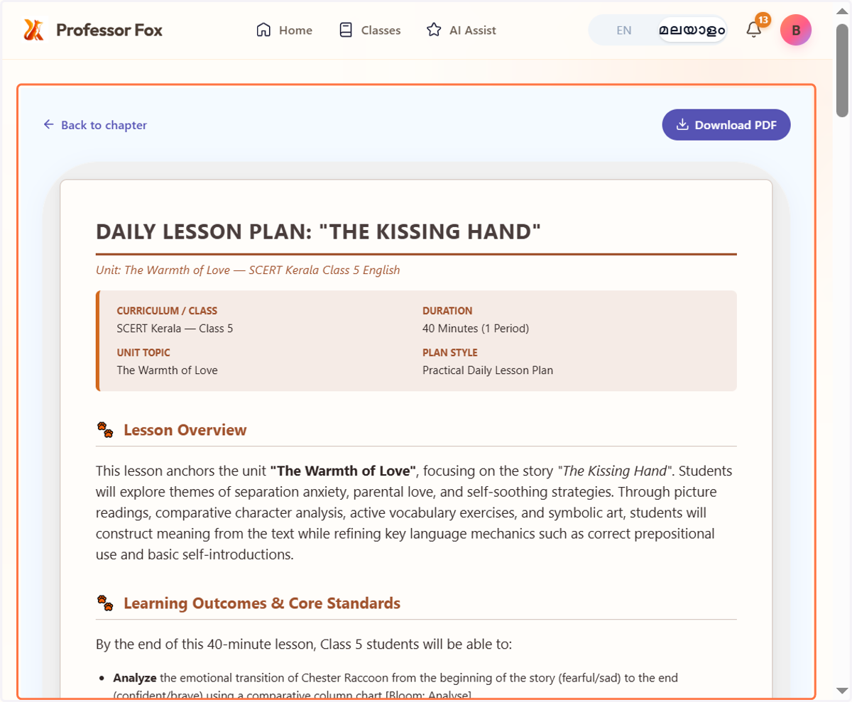 Your lesson plan is ready. You can now review it. നിങ്ങളുടെ ലെസൺ പ്ലാൻ തയ്യാറായിരിക്കുന്നു. ഇപ്പോൾ നിങ്ങൾക്ക് അത് പരിശോധിക്കാം.