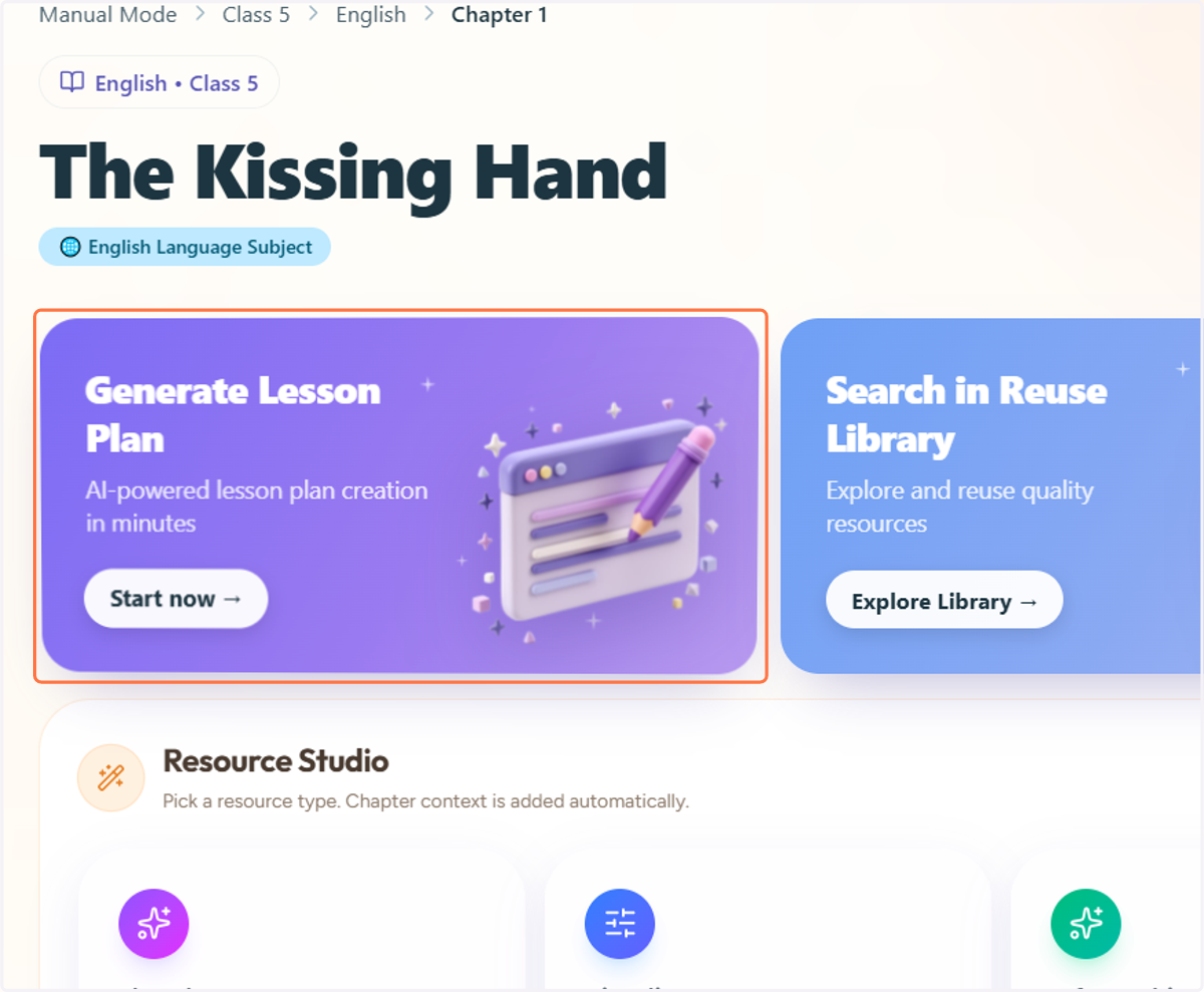 Click on "Start Now" in the "Generate Lesson Plan" card. "Generate Lesson Plan" കാർഡിലെ "Start Now" എന്നതിൽ ക്ലിക്ക് ചെയ്യുക.
