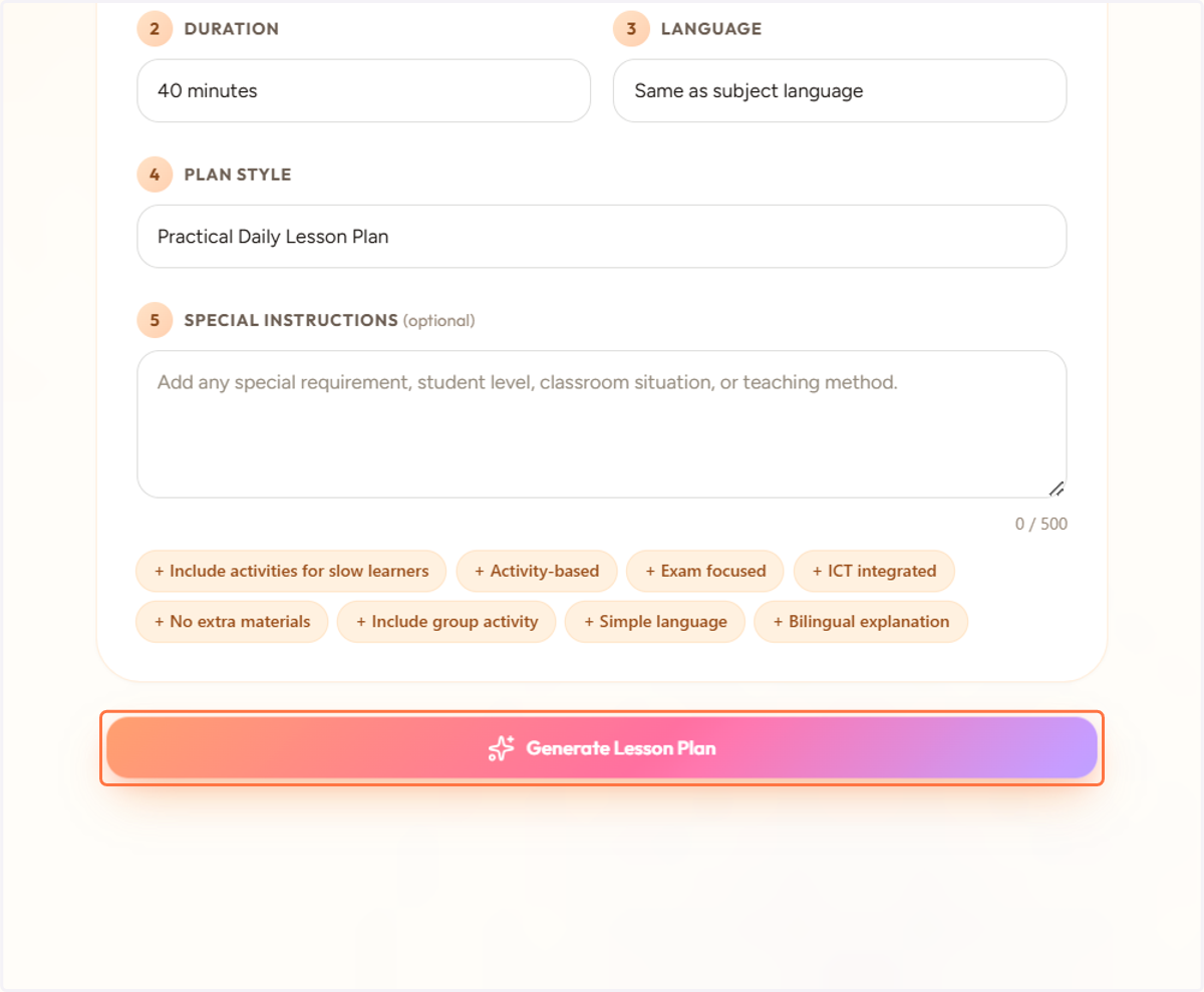 Click on "Generate Lesson Plan". "Generate Lesson Plan" എന്നതിൽ ക്ലിക്ക് ചെയ്യുക.