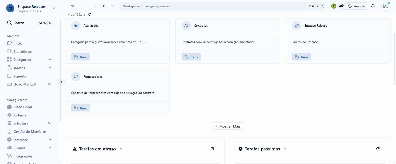 Na tela de início do workspace, cada categoria aparece como um card. Clique em Itens no card da categoria cujo registro você quer abrir