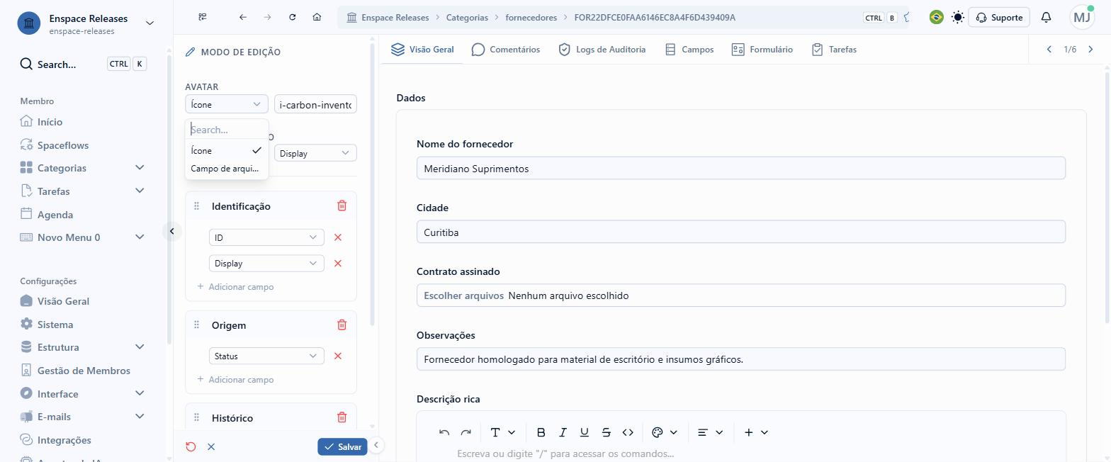 Em AVATAR, o seletor tem dois modos: Ícone usa um ícone da biblioteca, e Campo de arquivo usa um arquivo do próprio registro, como a foto de um produto