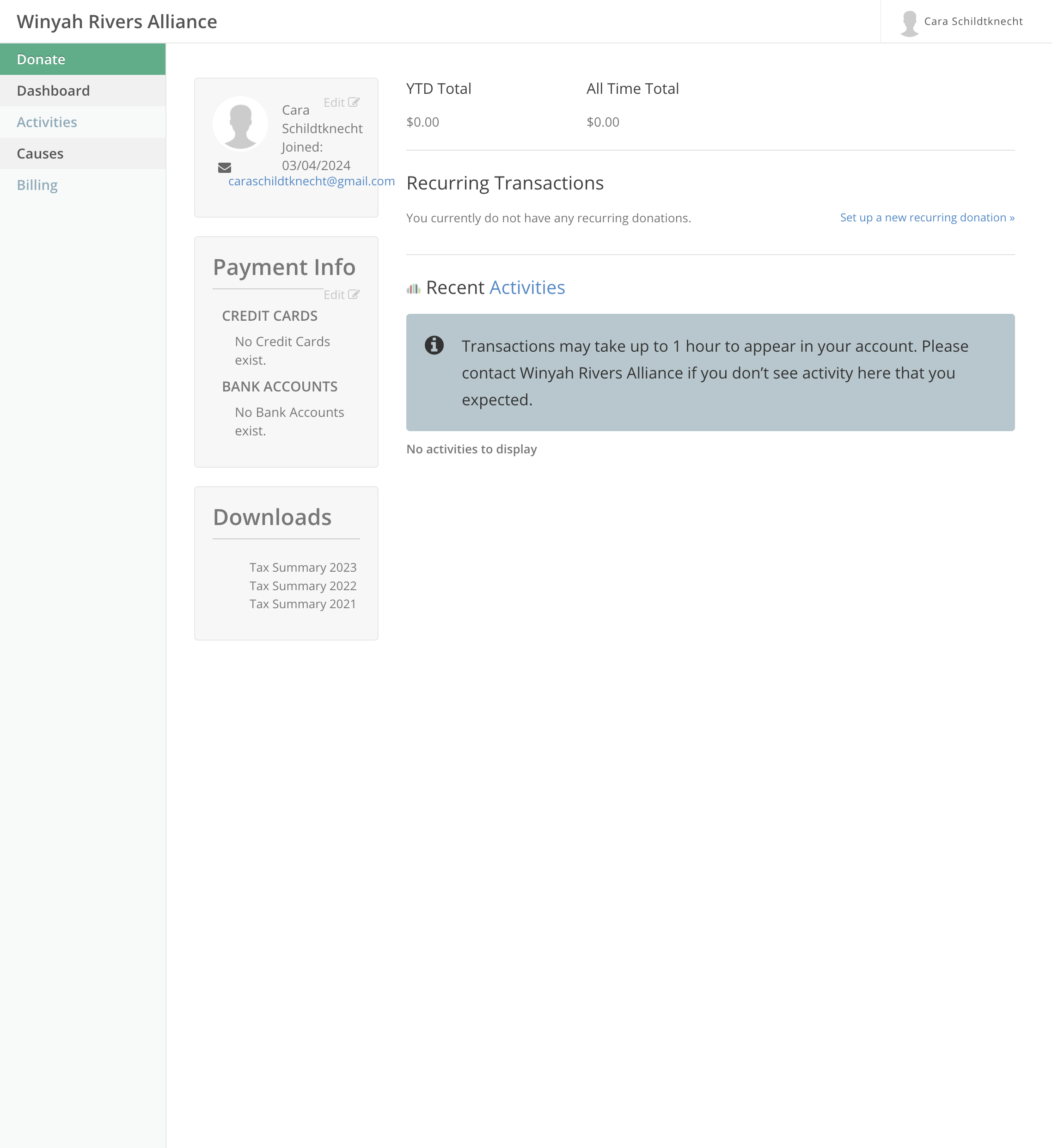 Once you are signed in and have reached the Kindful dashboard, click on Causes. If you have donated to Winyah Rivers before, you may see account information related to your email.