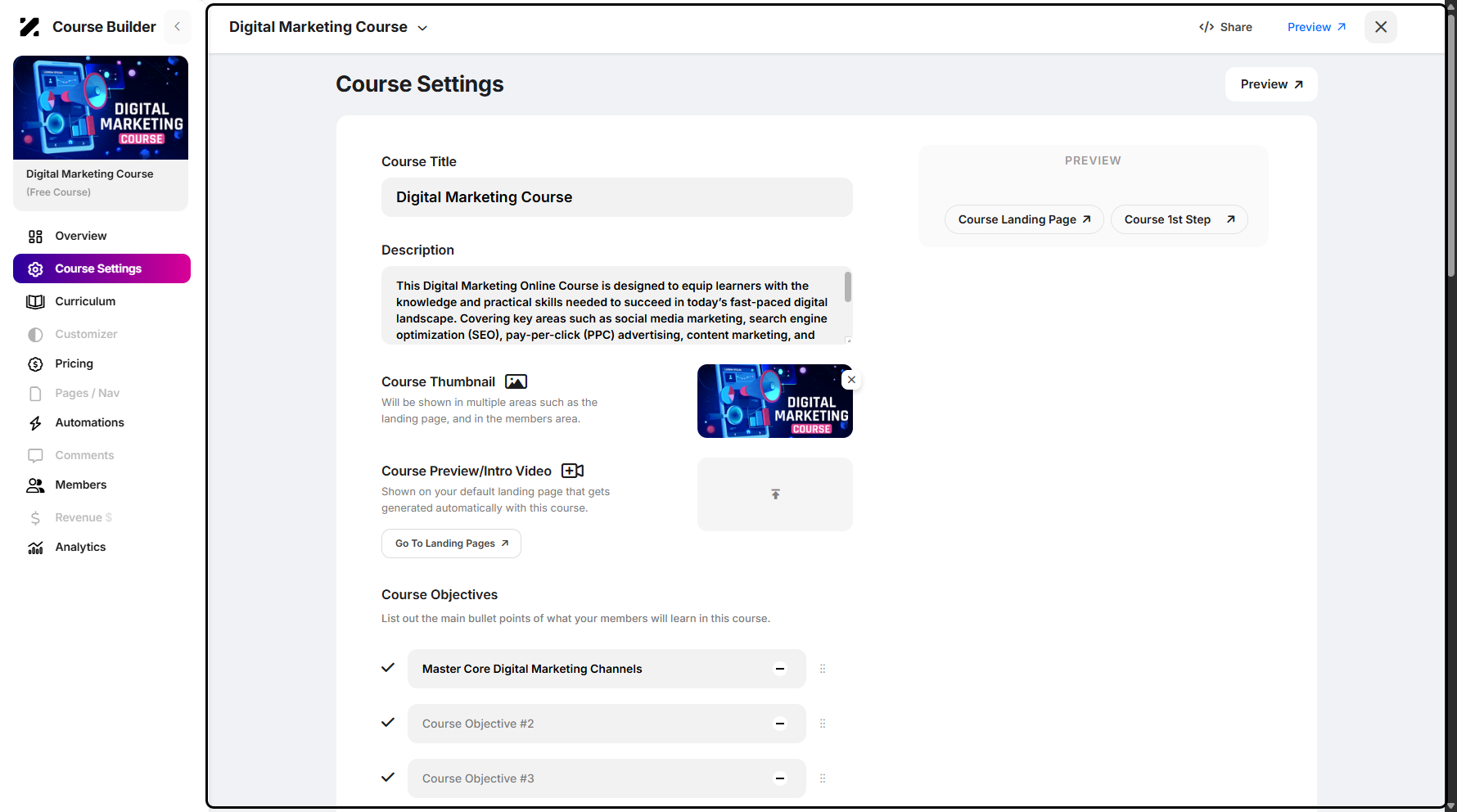 Step 5: You will then be taken to the Course Settings page.
