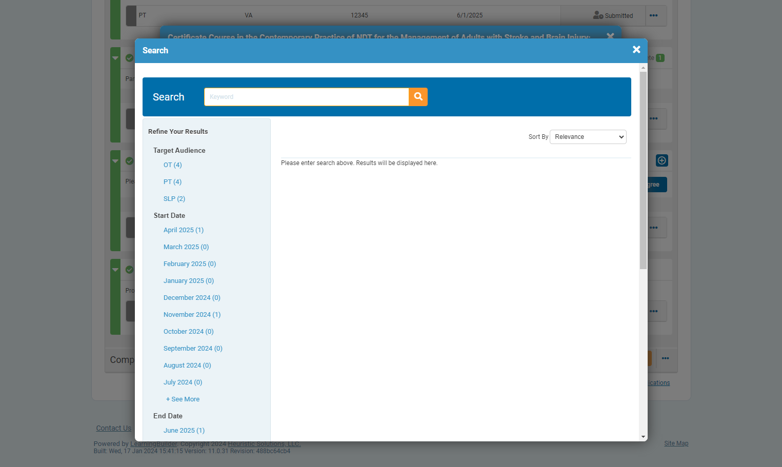 If you click on the Search button without filling in any search criteria, the full list of Certification courses will be displayed.