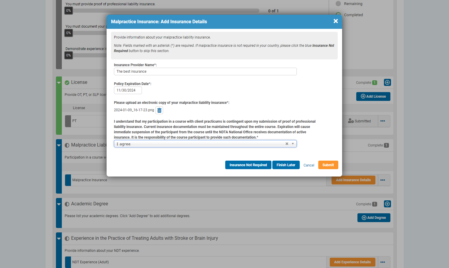 Click on Submit once all insurance information has been updated.