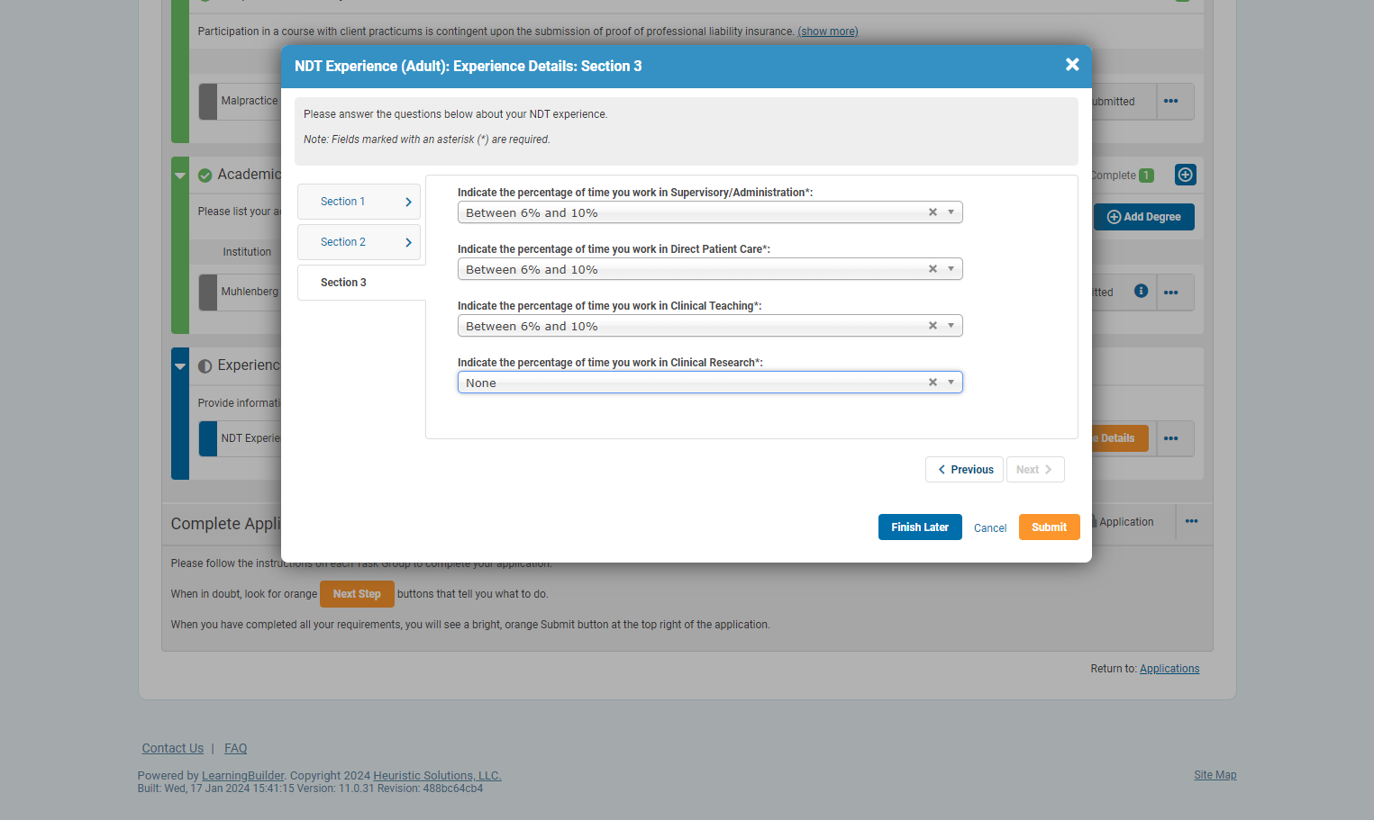 Click on Submit once all work experience has been filled out.