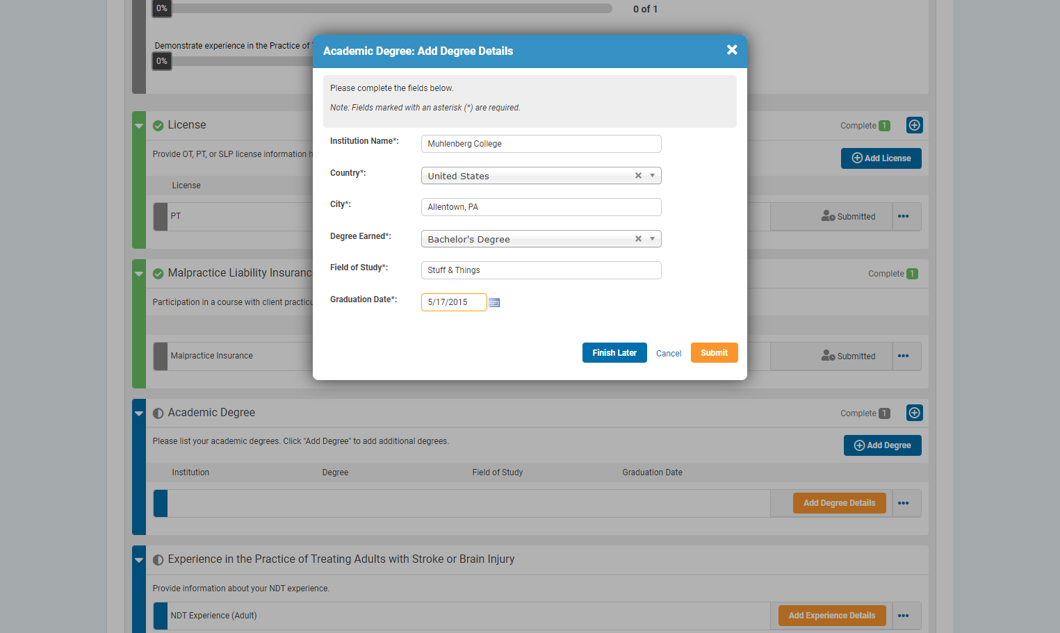 Click on Submit once all academic fields are completed.