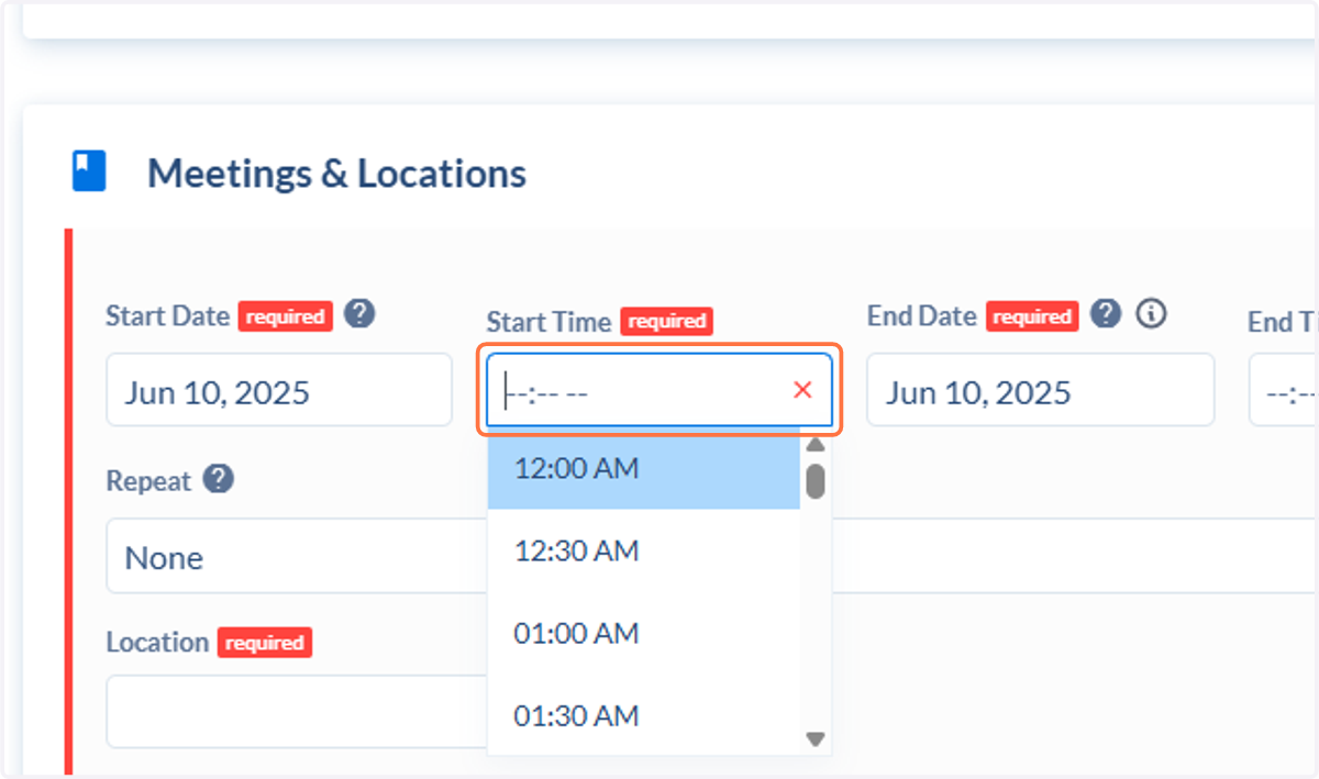 Enter or select the start time.