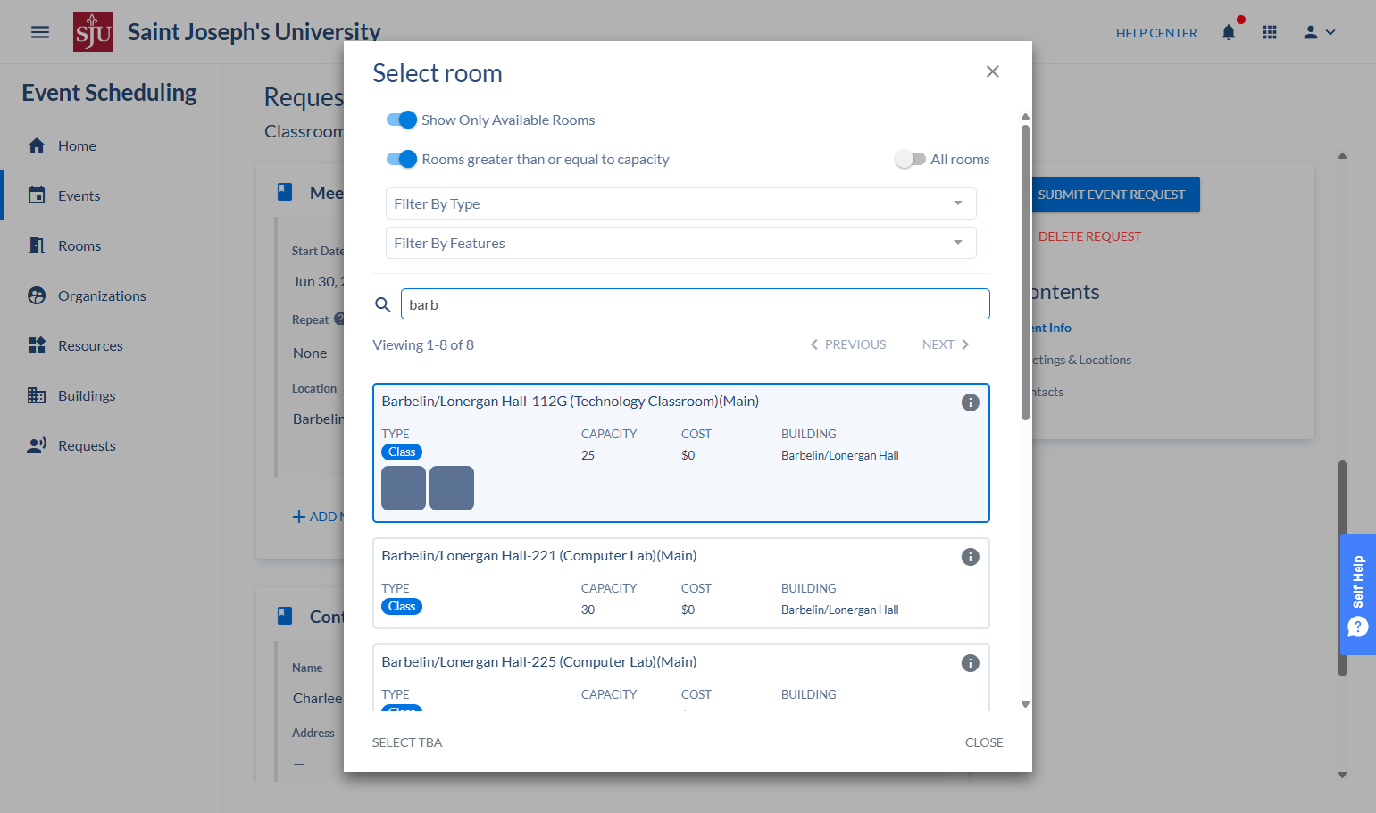 Click on Location to select your room. You can use the toggles and search to find a room that will fit your needs