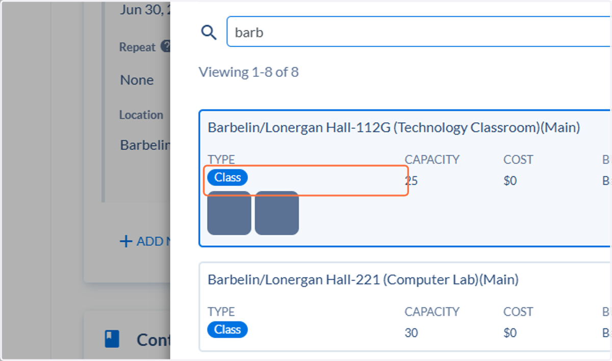 Click on Location to select your room. You can use the toggles and search to find a room that will fit your needs