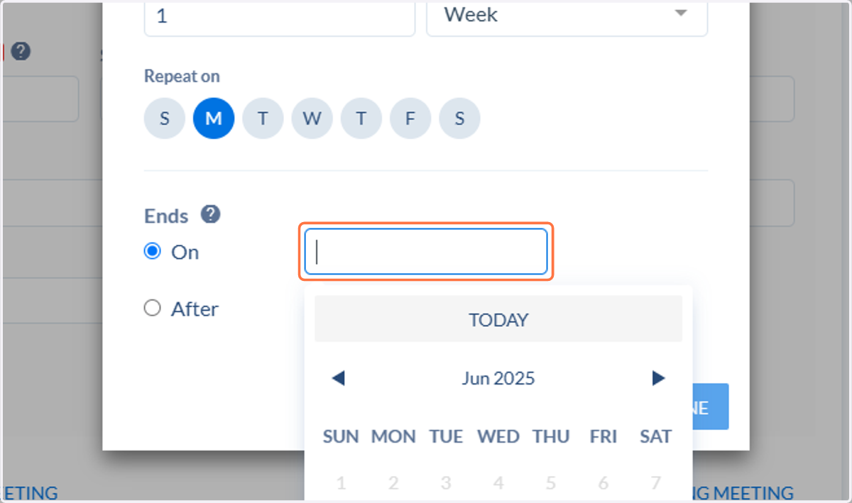 Select the last day you want the recurring meeting to take place
