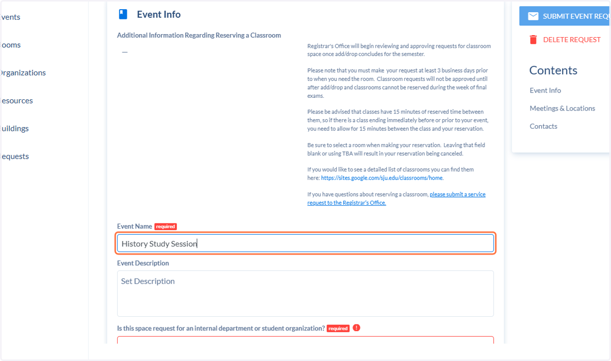 Fill out all required event information.