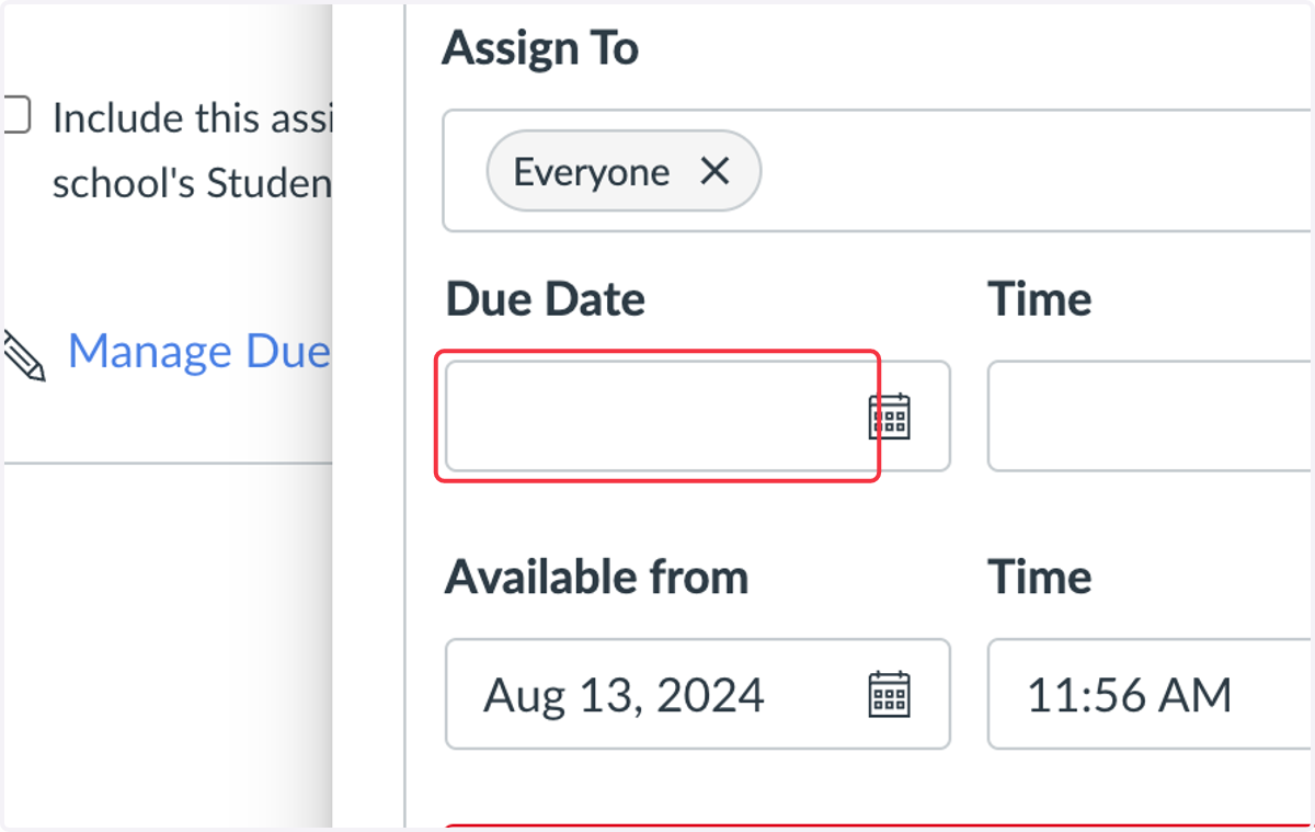 Adjust the Available Dates and Due Dates, then select Apply.