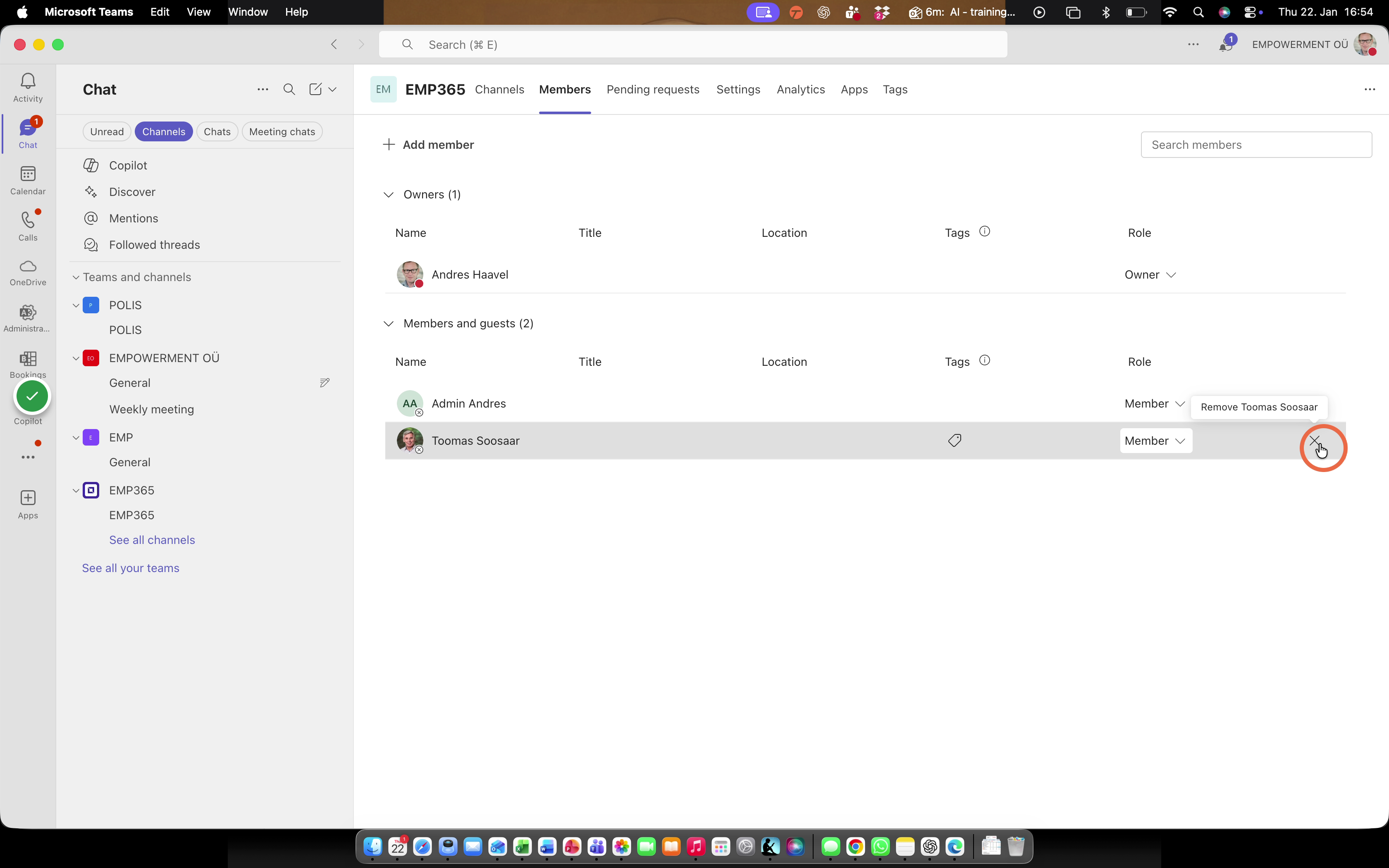 To delete a user, click the X next to the name and select Remove.