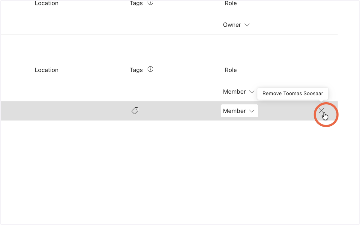 To delete a user, click the X next to the name and select Remove.
