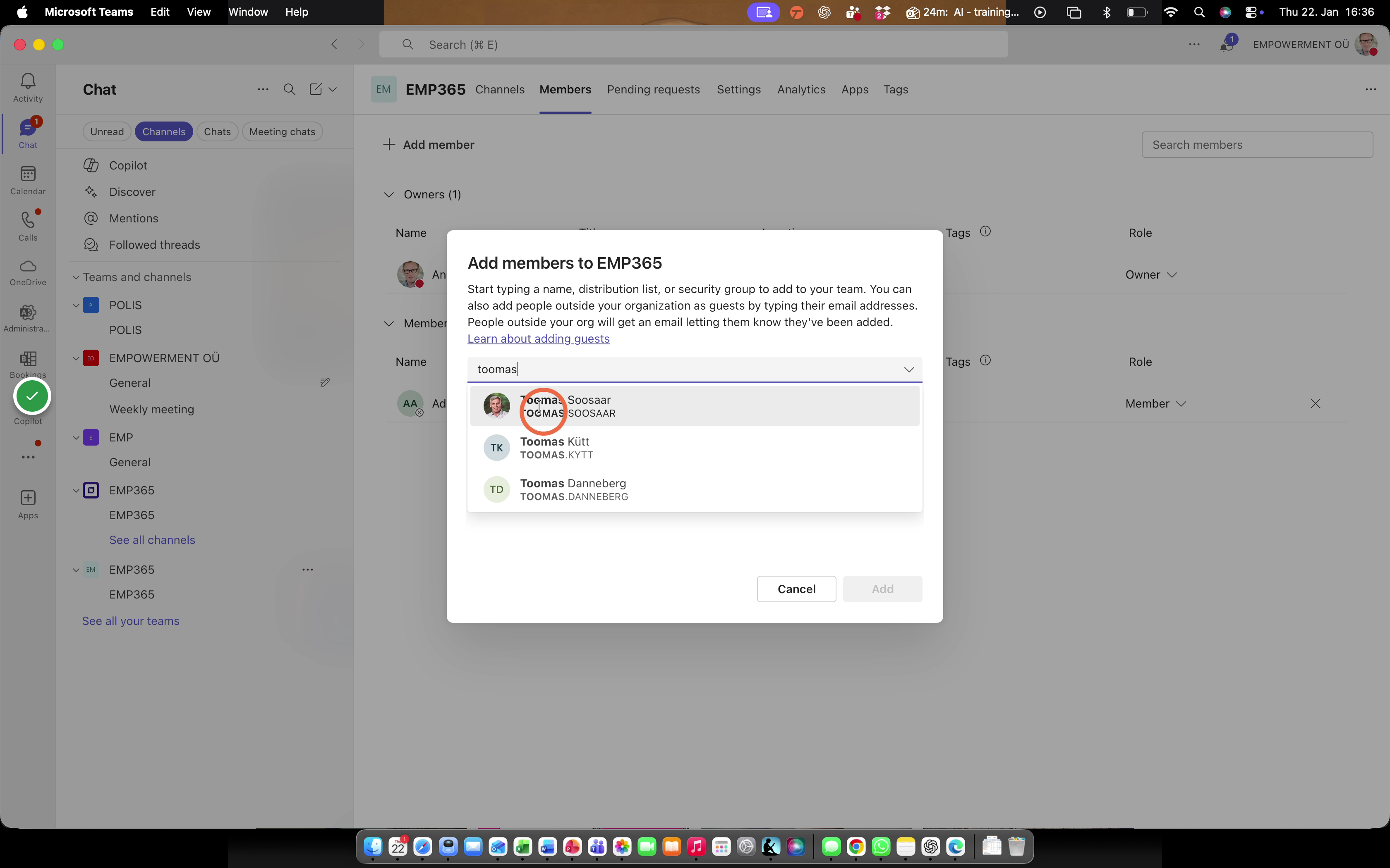 Type the name and select the desired user from the list that appears