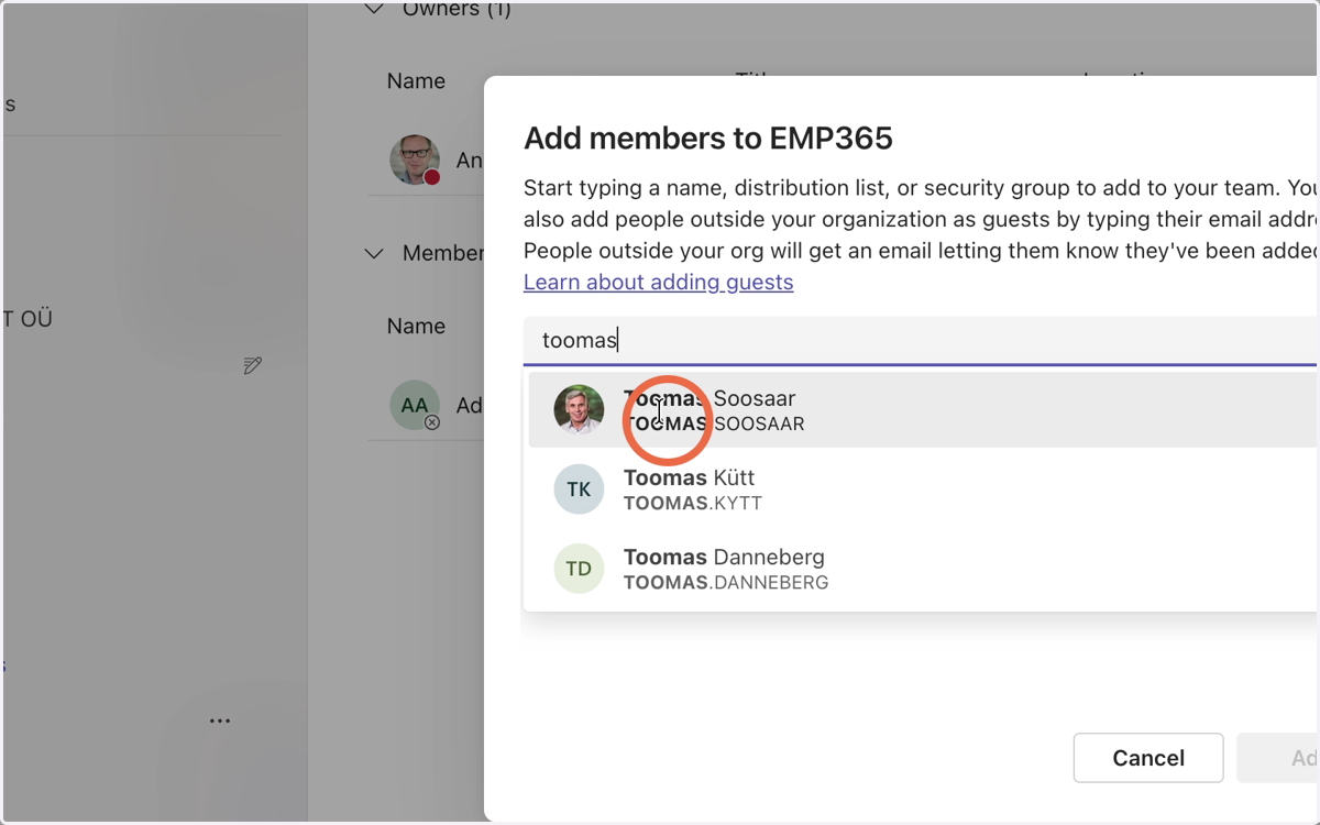 Type the name and select the desired user from the list that appears