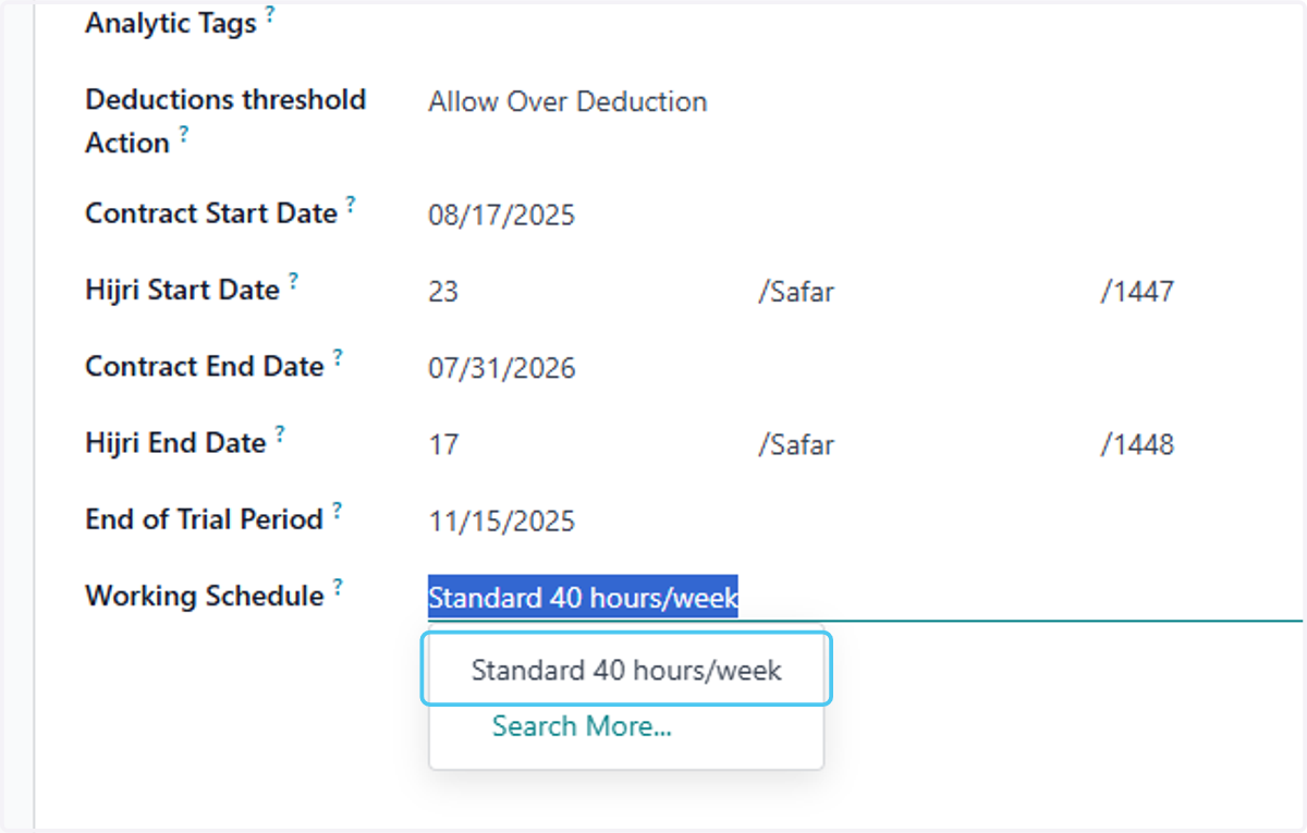 Click on Standard 40 hours/week