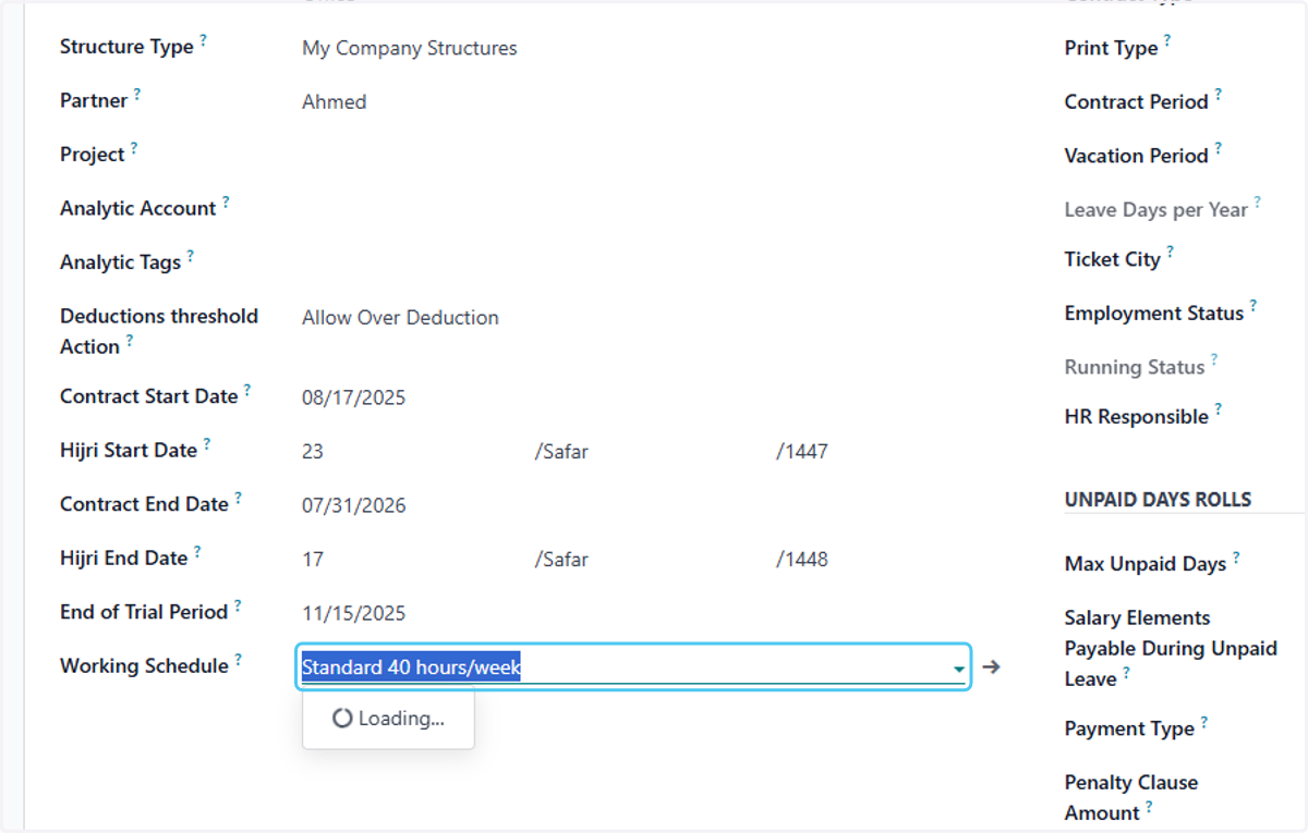 Click on Working Schedule?