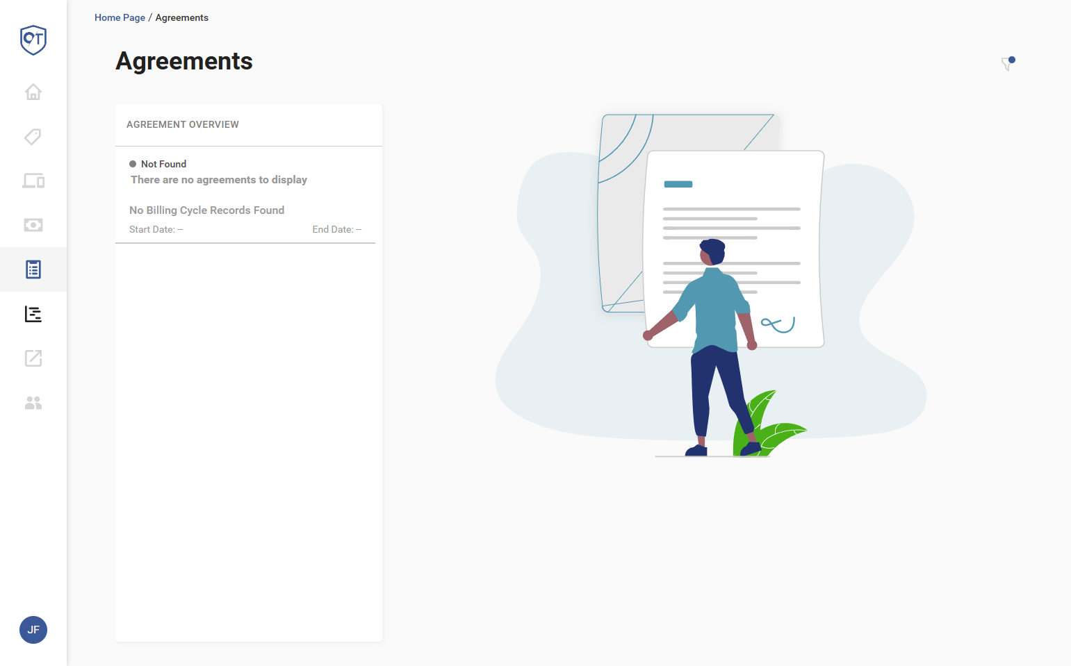 Selecting the "Agreement" tab will show you a list of your active agreements.