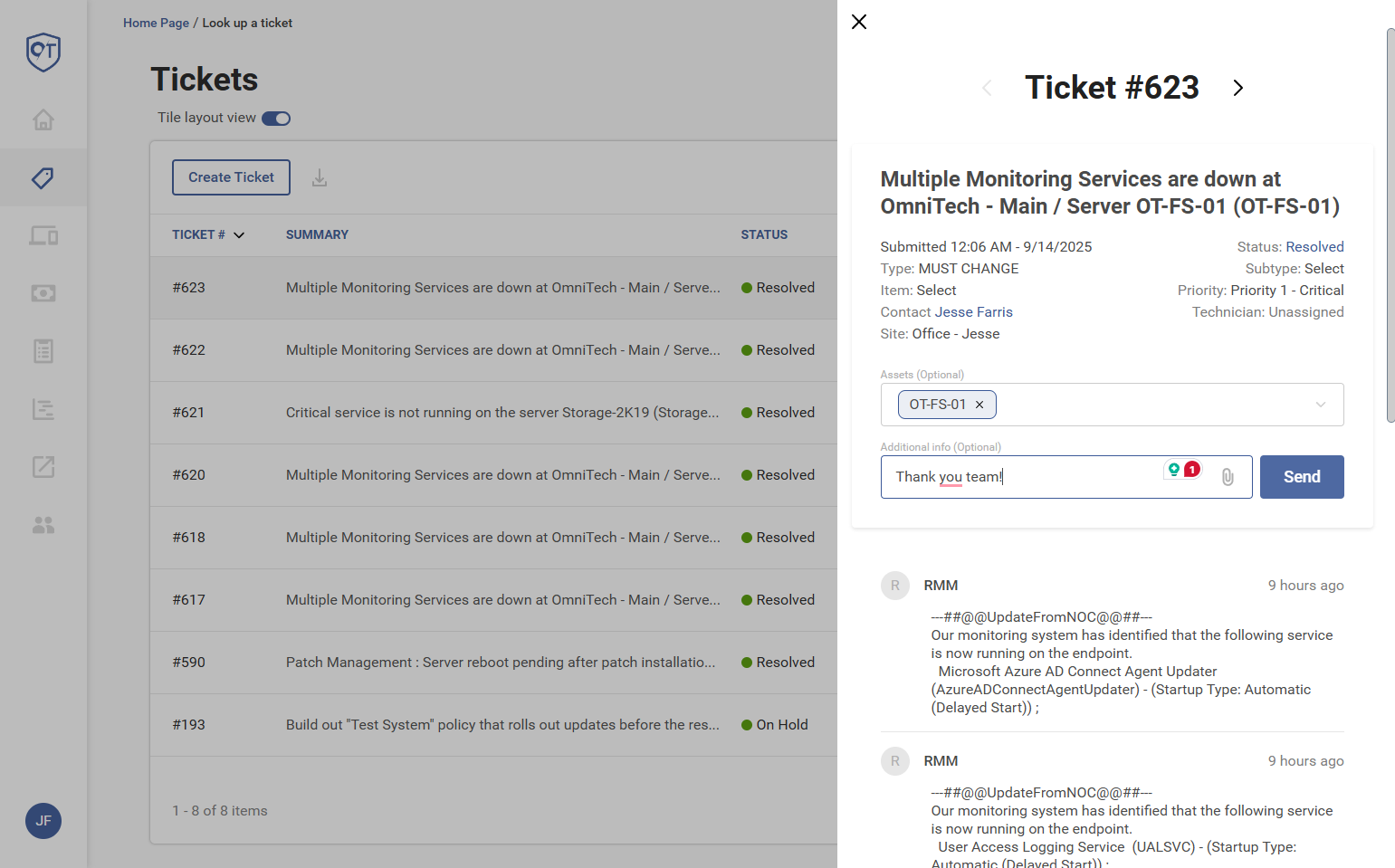 You can also open each ticket, review technician and user notes, and send emails to the technician.