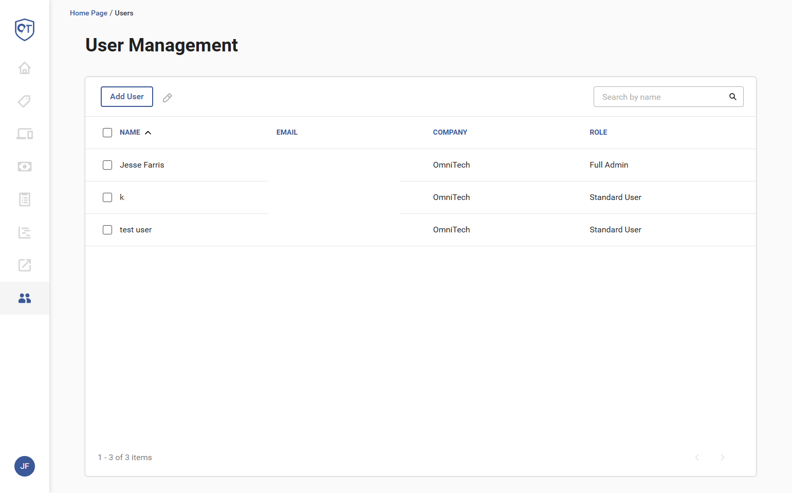 Selecting the "Users" tab will show you a list of employees/users that we have in our system, if you would like to add a new users contact information for us, you can click the "Add User" button. You can also adjust that users access by changing thei