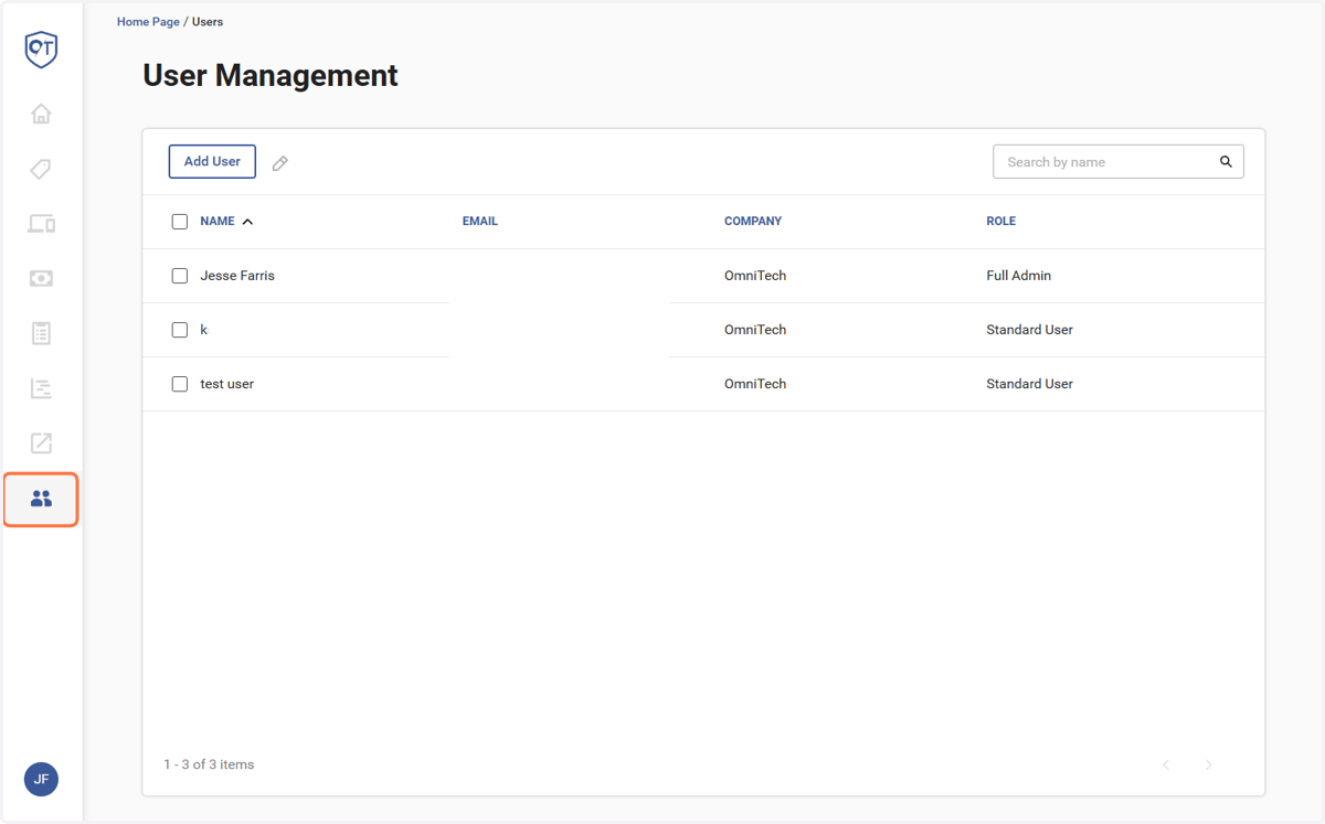 Selecting the "Users" tab will show you a list of employees/users that we have in our system, if you would like to add a new users contact information for us, you can click the "Add User" button. You can also adjust that users access by changing thei