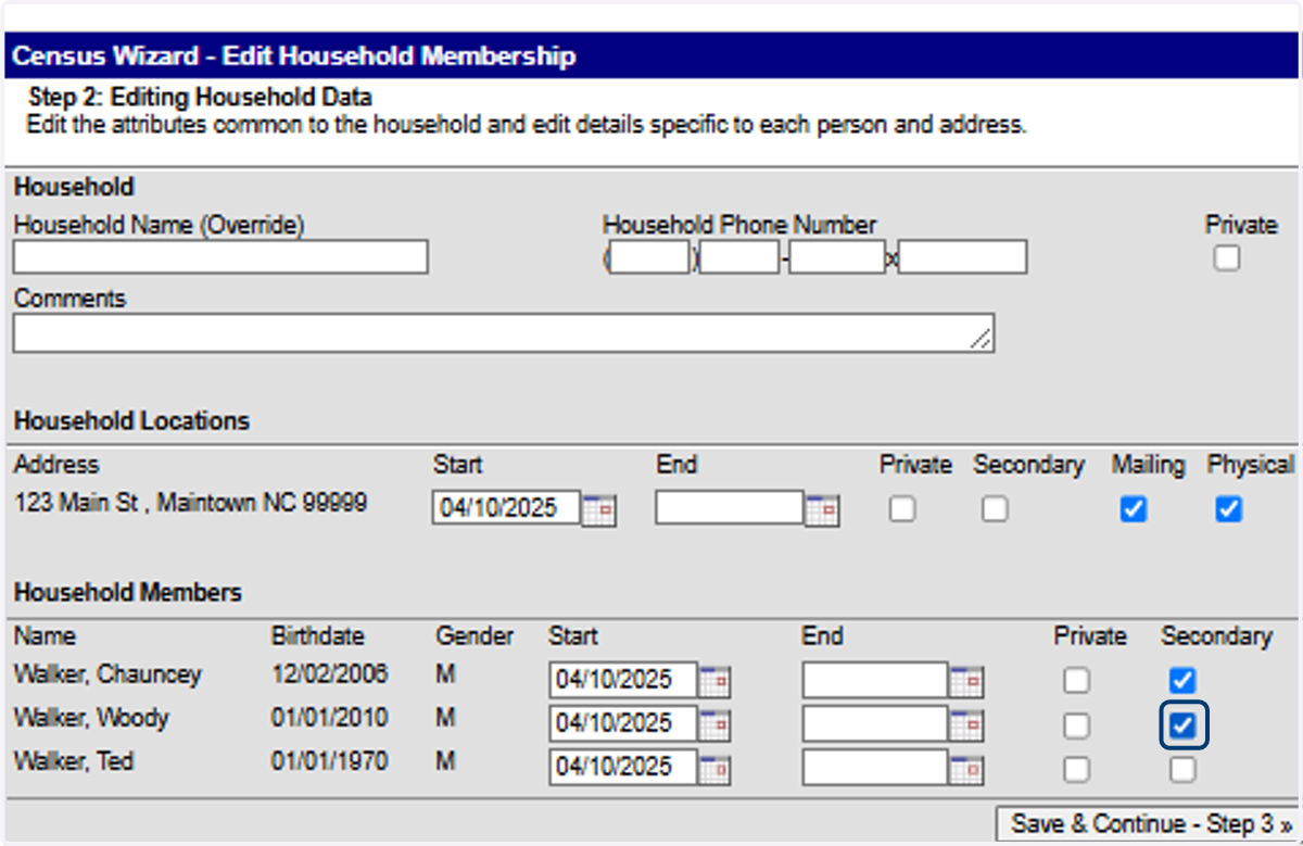 Indicate whether the household is a Secondary Household for any listed members