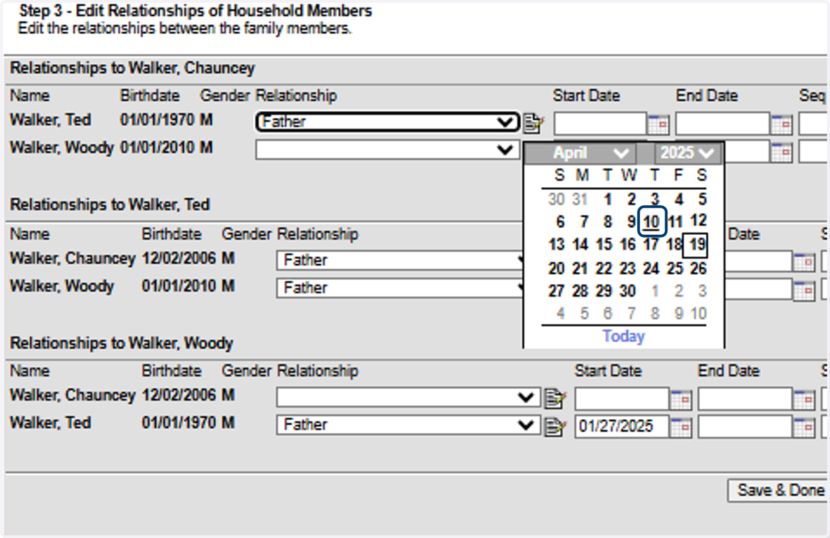 Select the Relationship and Start Date