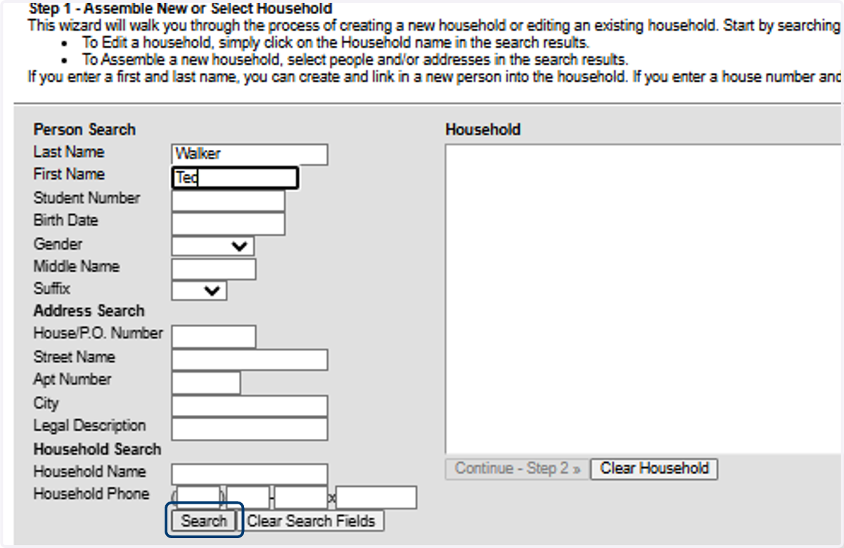 Enter the Name of the Household Member Click on Search
