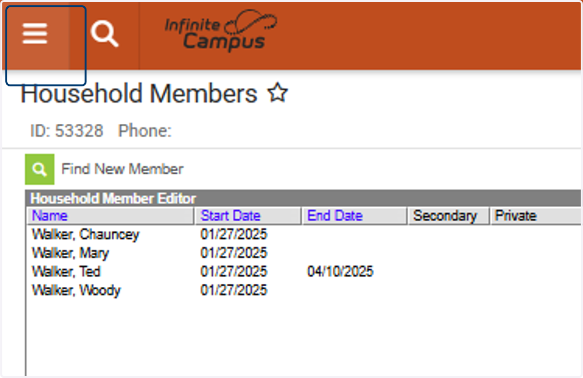 Once the relationship has been ended, you’ll need to create a new household. To begin, click on Menu.