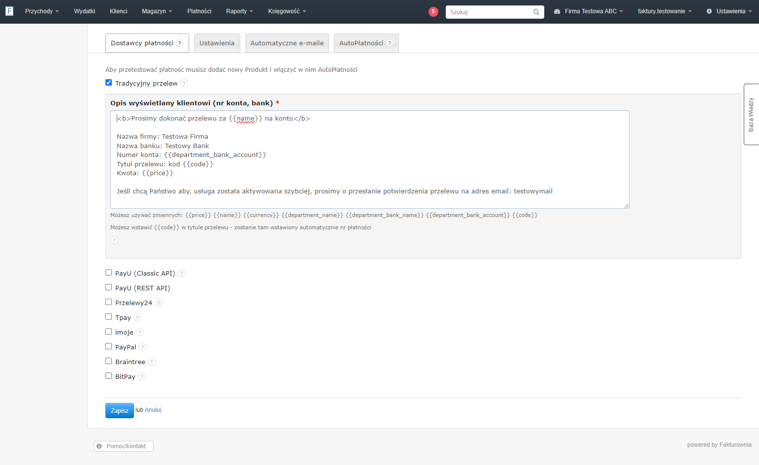 Zaznacz checkbox przy tych opcjach płatności, które chcesz udostępnić swoim klientom. Pamiętaj, należy włączyć przynajmniej jedną spośród dostępnych form płatności. W naszym przykładzie aktywujemy tradycyjny przelew. W dedykowanym polu możesz skonfig