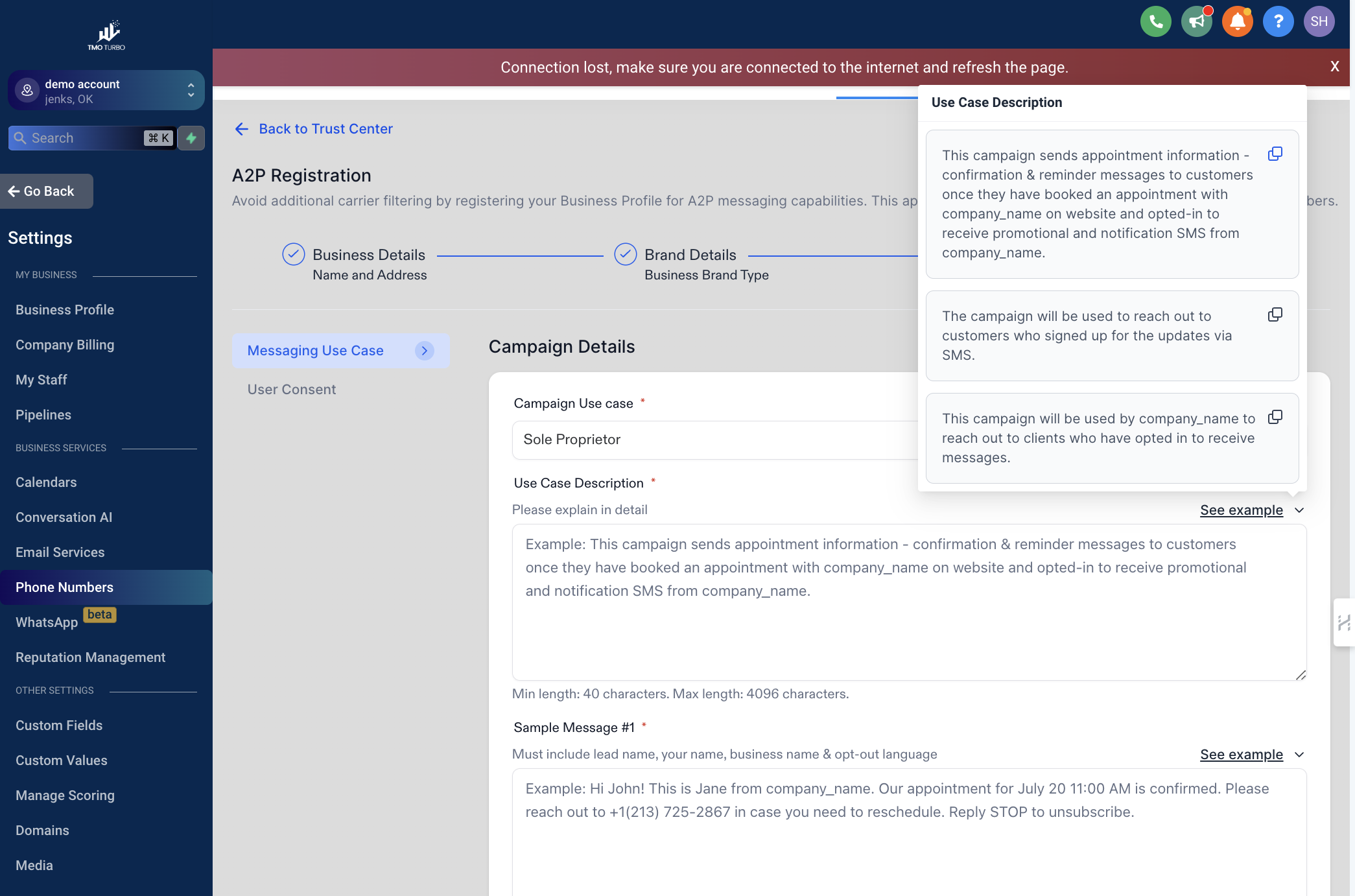 Click on This campaign sends appointment information - confirmation & reminder messages to customers once they have booked an appointment with company_name on website and opted-in to receive promotional and notification SMS from company_name.